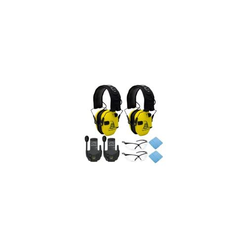 Walker's Razor Electronic Shooting Ear Muffs (2-Pack) - Don't Tread On Me Yellow Edition with 2-Way Radios (2-Pack), Safety Glasses (2-Pack) & Microfiber Cleaning Cloths (2-Pack) - Complete 8-Piece Hearing Protection Kit for Shooting Range, Hunting & Outdoor Activities
