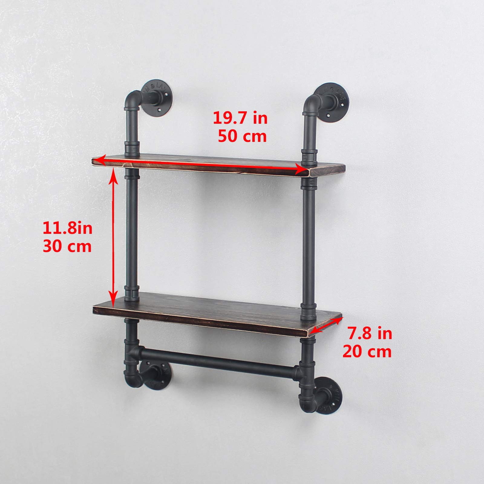Industrial Pipe Shelf - 19.6in Rustic Wood Wall Mounted Bathroom Shelves with Towel Bar | 2-Tier Farmhouse Towel Rack Over Toilet Storage | Floating Pipe Shelving & Retro Black Towel Holder - Perfect for Small Bathroom Organization & Farmhouse Decor