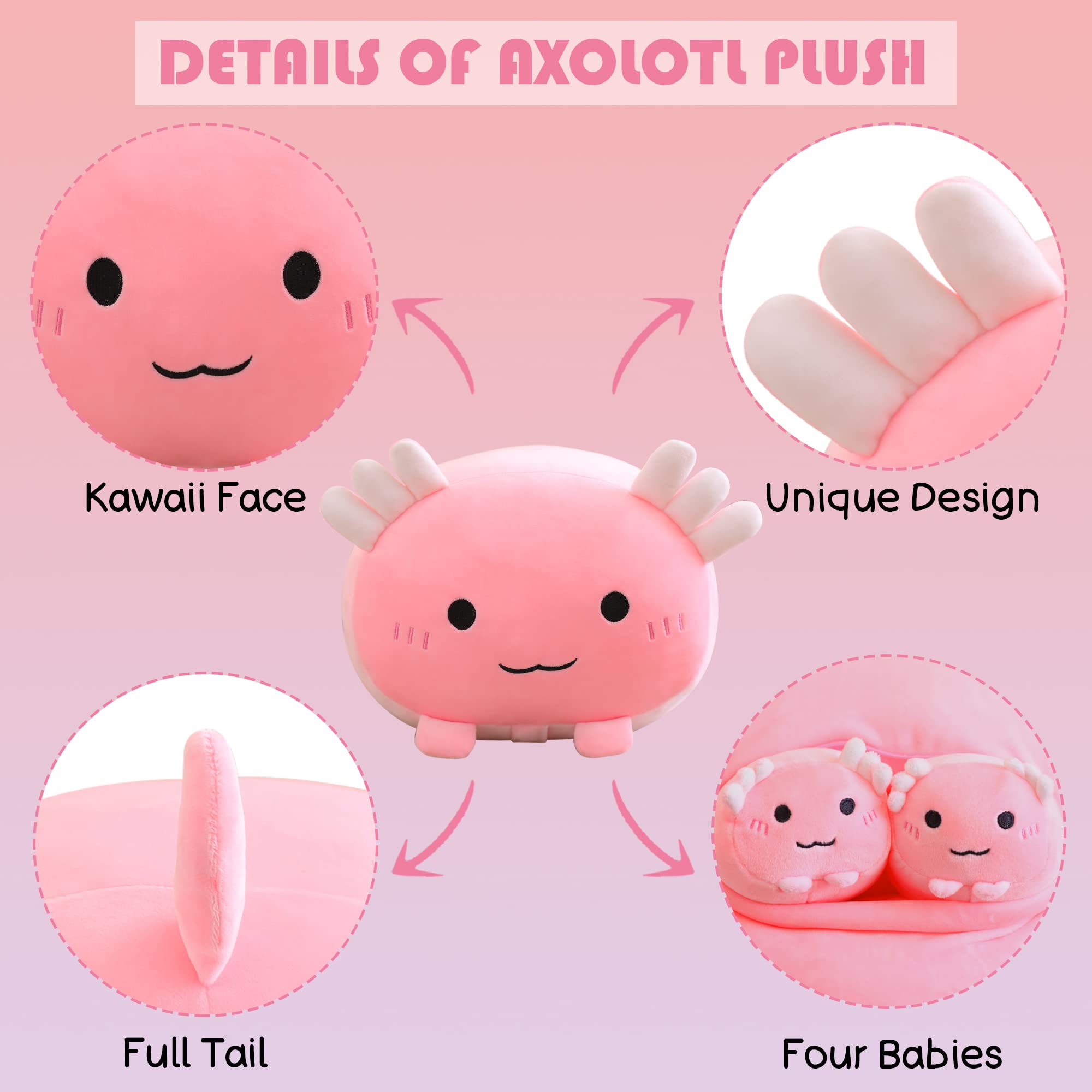 SQEQE Axolotl Plush Stuffed Animal Toy - Adorable Pink Salamander Pillow with 4 Baby Axolotls in Tummy, Perfect Gift for Girls & Kids | Cute Nursery Decor, Birthday Present, Comfort Toy for Bedtime & Playtime