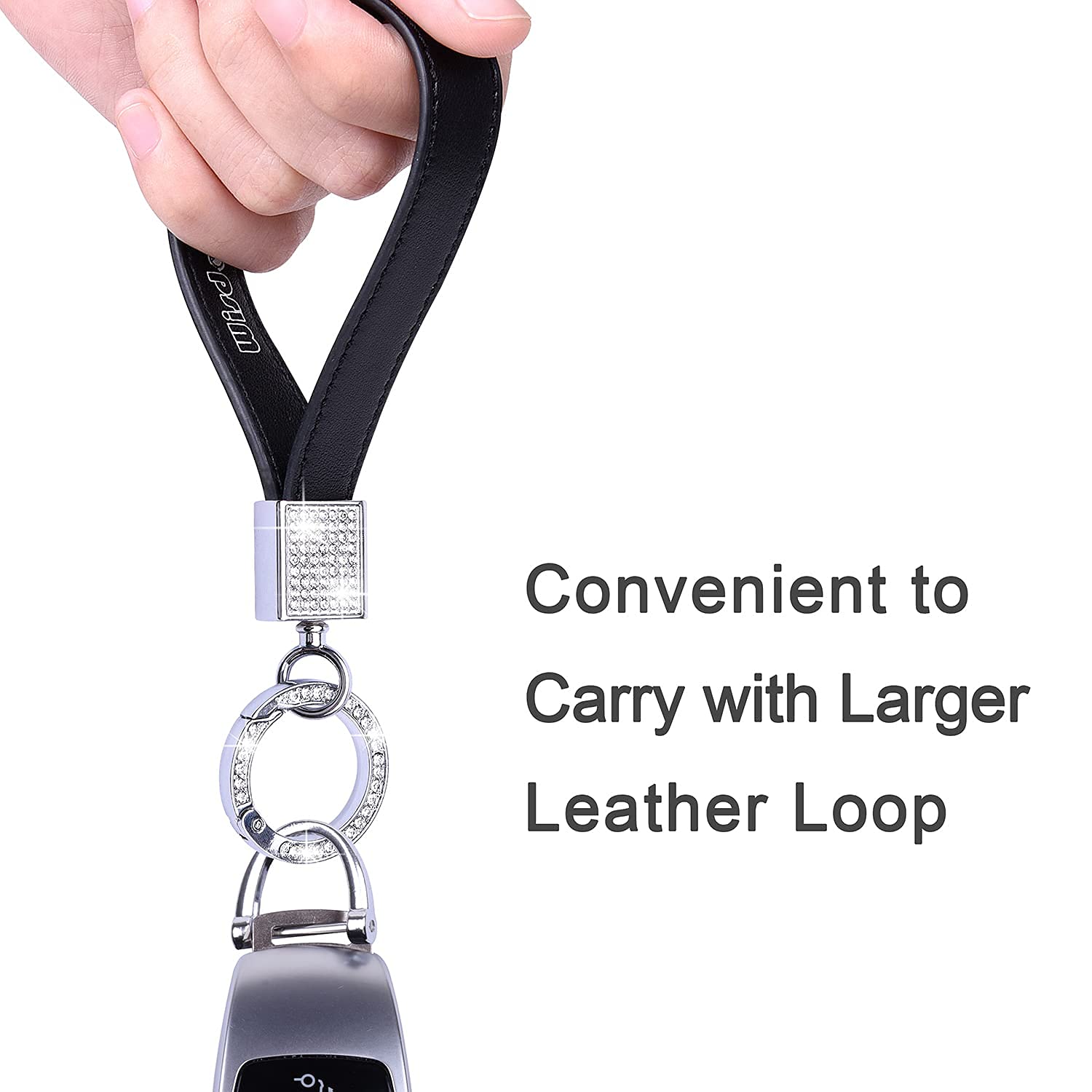 Premium Bling Leather Car Keychain for Women - Universal Genuine Leather Key FOB with Anti-Lost D-Ring & 2 Keyrings (Black) | Perfect Gift for Car Owners, Great for Key Organization & Style Enhancement