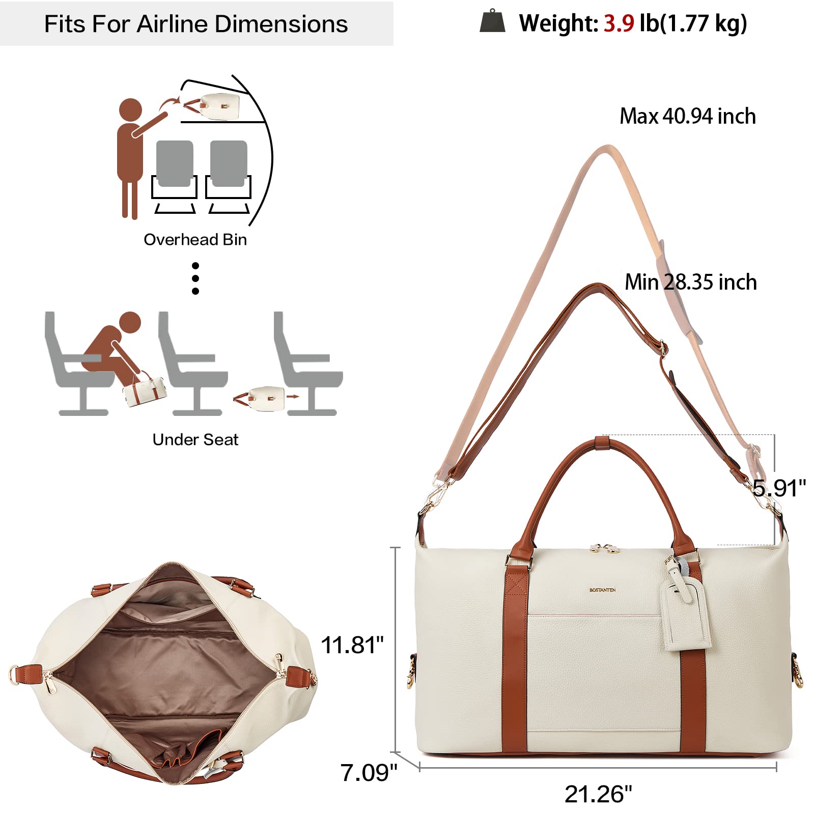 BOSTANTEN Women's Leather Weekender Travel Duffle Bag - Large Carry On Overnight Tote with Trolley Sleeve & Luggage Tag - Perfect for Weekend Getaways, Business Trips, and Gym Use