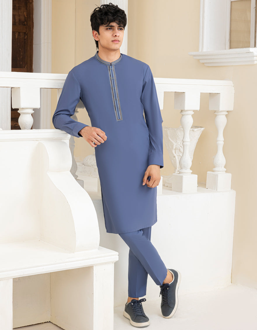 Stylish Blended Pigeon Blue Kurta & Trouser Set by J. Junaid Jamshed - Perfect for Eid, Weddings & Special Occasions