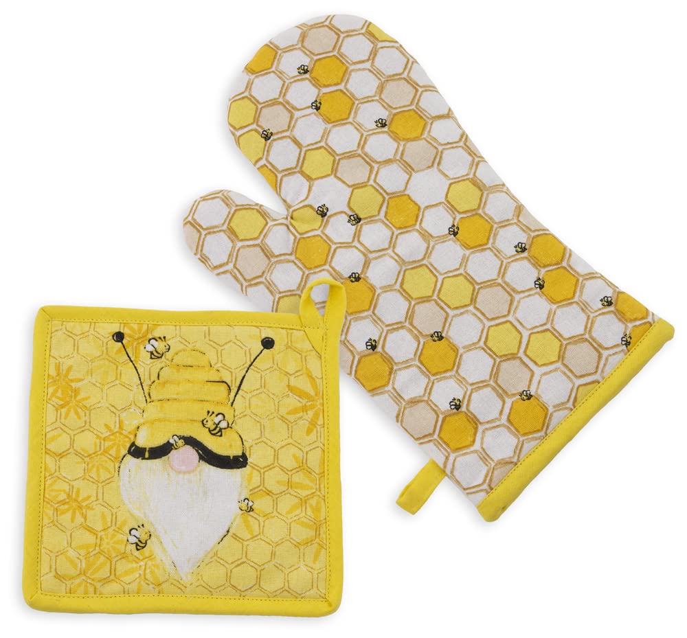 Boston International URB22292 Bee Gnome Oven Mitt & Pot Holder Set of 2 - Cute Kitchen Accessories for Baking, Cooking & Home Decor - Perfect Gift for Garden Lovers
