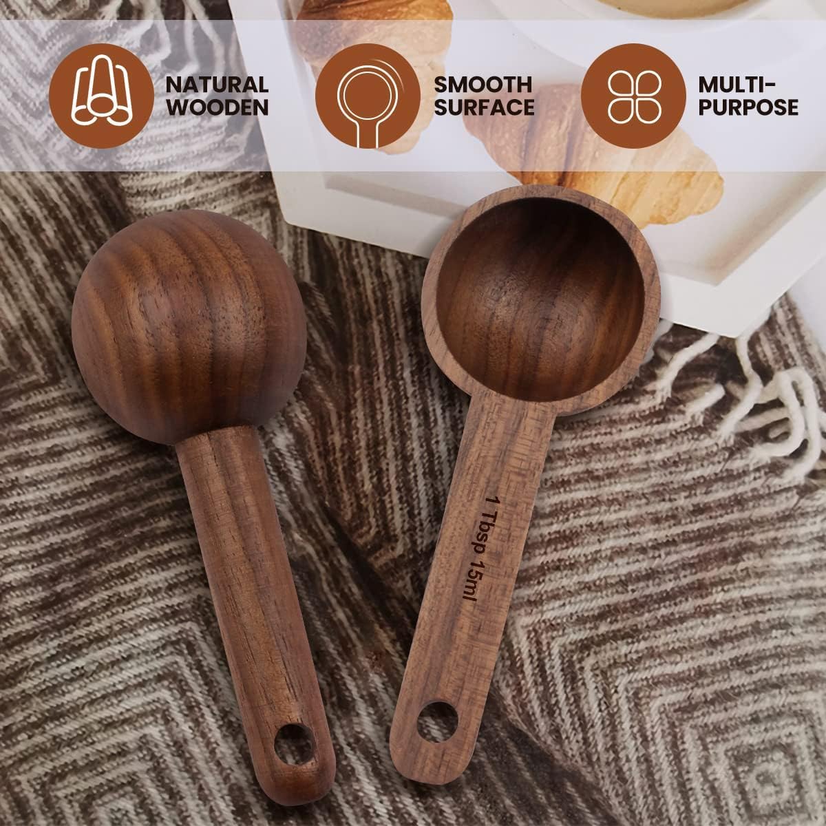 Premium Walnut Wood Coffee Spoon Set (2PCS) - Handcrafted Wooden Measuring Scoop for Coffee, Tea & Spices - Perfect for Baristas, Home Brewing & Gift Giving