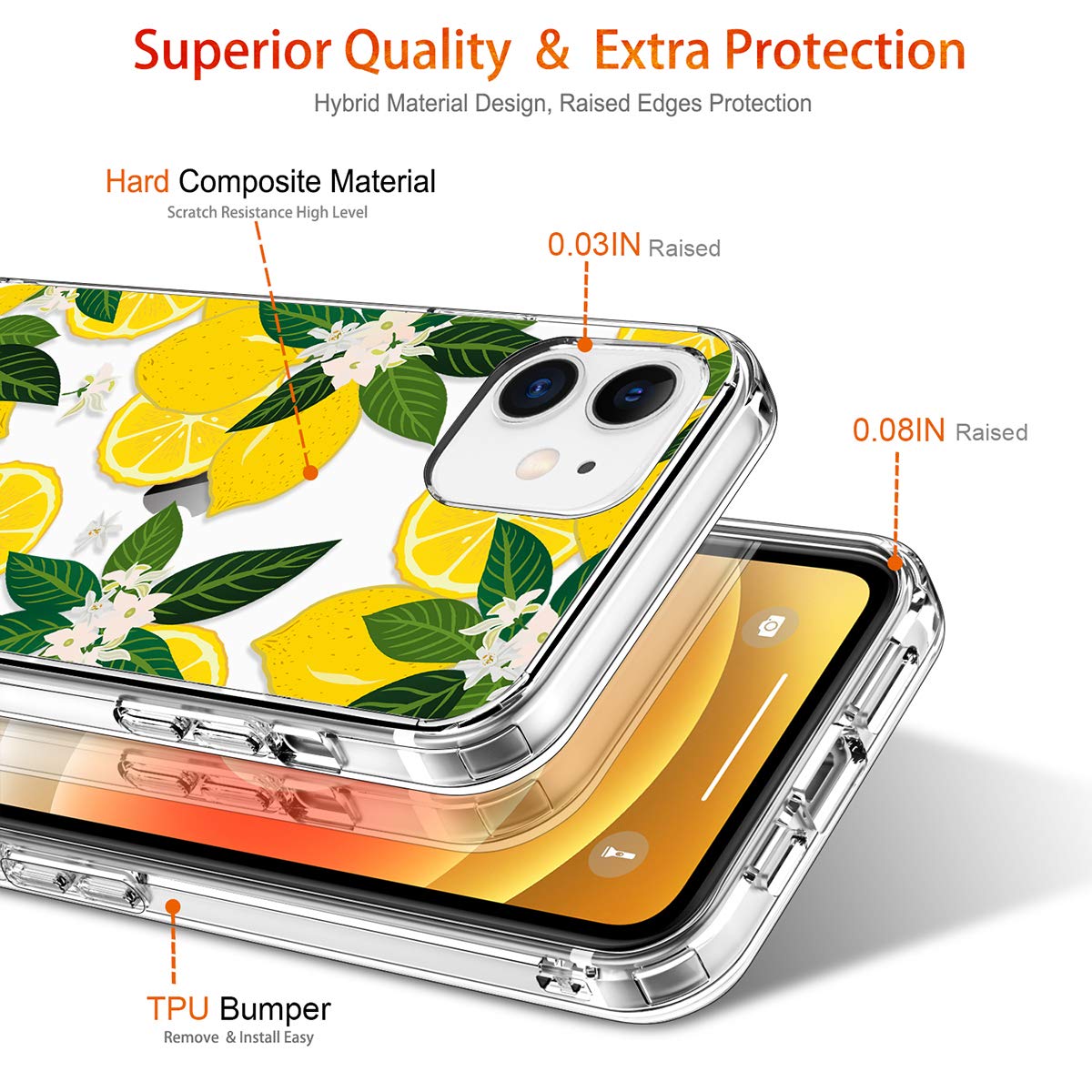 GiiKa Clear Shockproof iPhone 12/12 Pro Case with TPU Bumper - Floral Design Hard Protective Phone Cover for Women (Yellow Lemons) | Perfect for Everyday Use, Work & Travel Protection