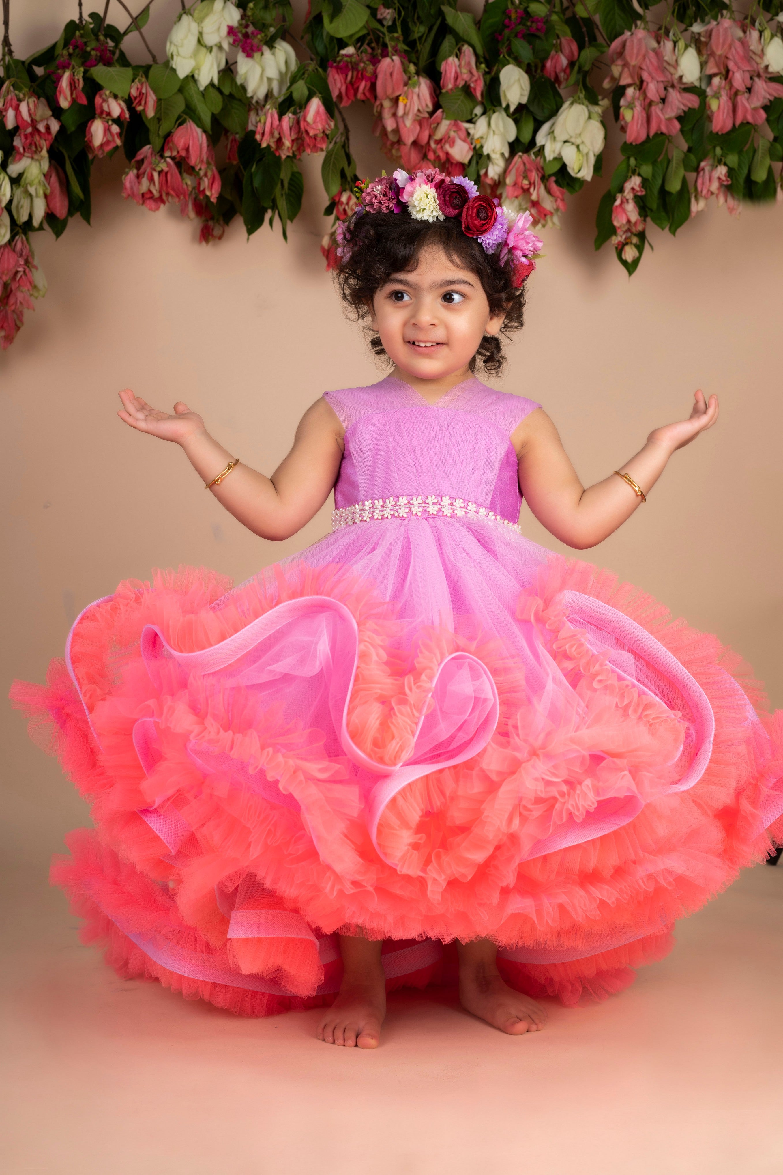 **Pre Order: Lavender Peach Ruffled High Low Gown – Elegant Formal Dress for Prom, Wedding, and Evening Events**