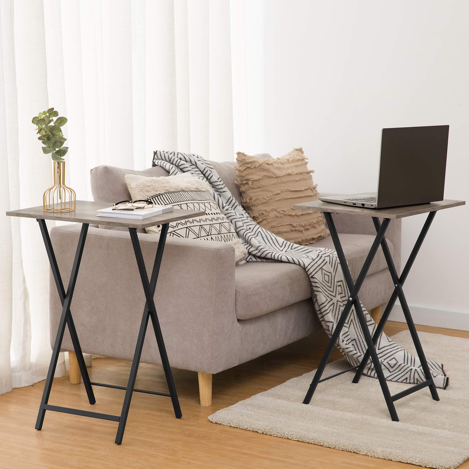 HOOBRO Folding TV Tray Tables Set of 2 - Industrial Side Tables for Small Spaces, Snack Tables for Eating on Couch - Stable Metal Frame, Easy Assembly & Space Saving - Greige & Black BG25BZ01 | Perfect for Living Room, Bedroom & Dorm Use