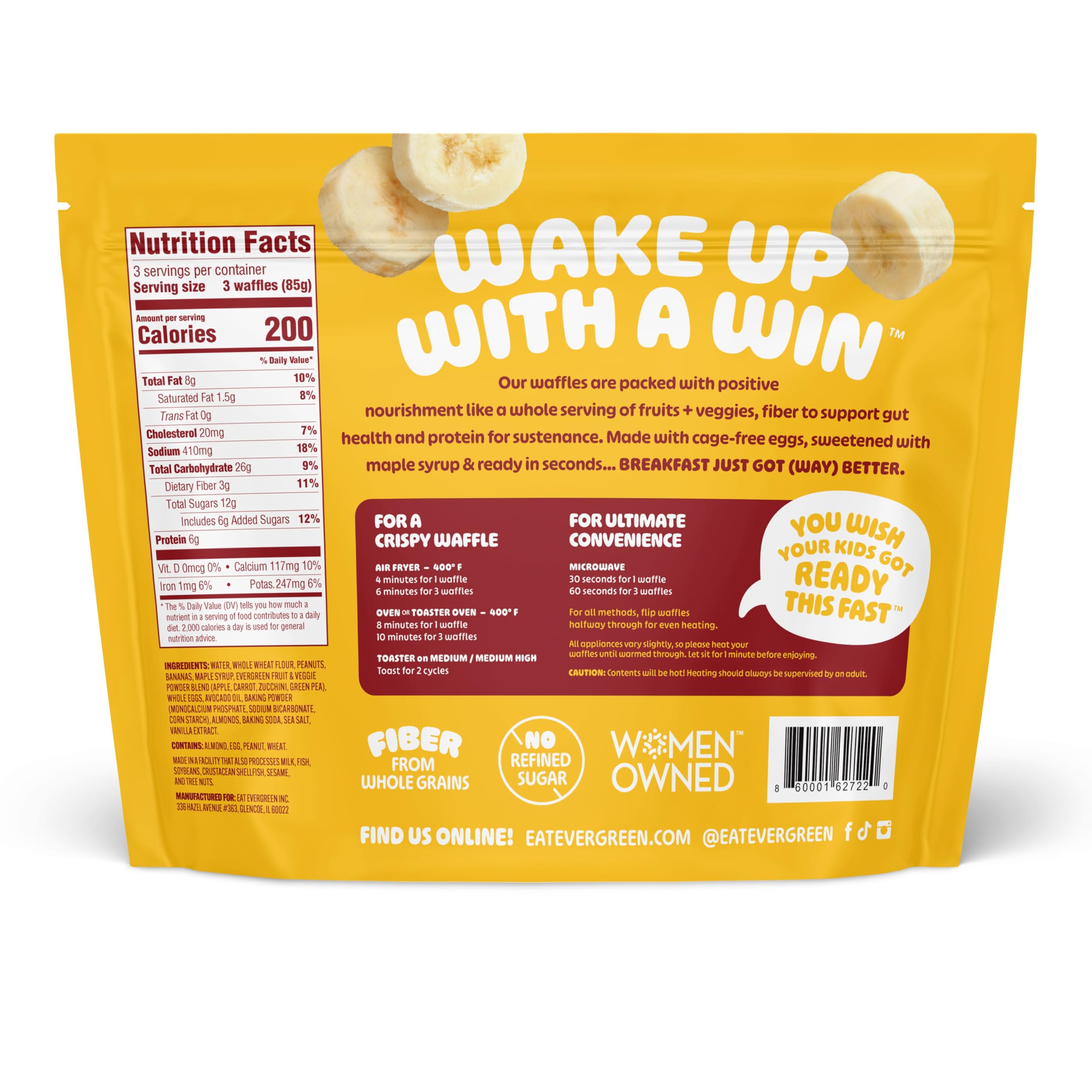 Evergreen Peanut Butter Banana Bread Waffles - 100% Whole Grain, Dairy-Free, No Preservatives | 1 Full Serving of Fruits & Vegetables | Supports Gut Health | 9 Frozen Waffles per Bag | Perfect for Breakfast, Snacks & Healthy Family Meals