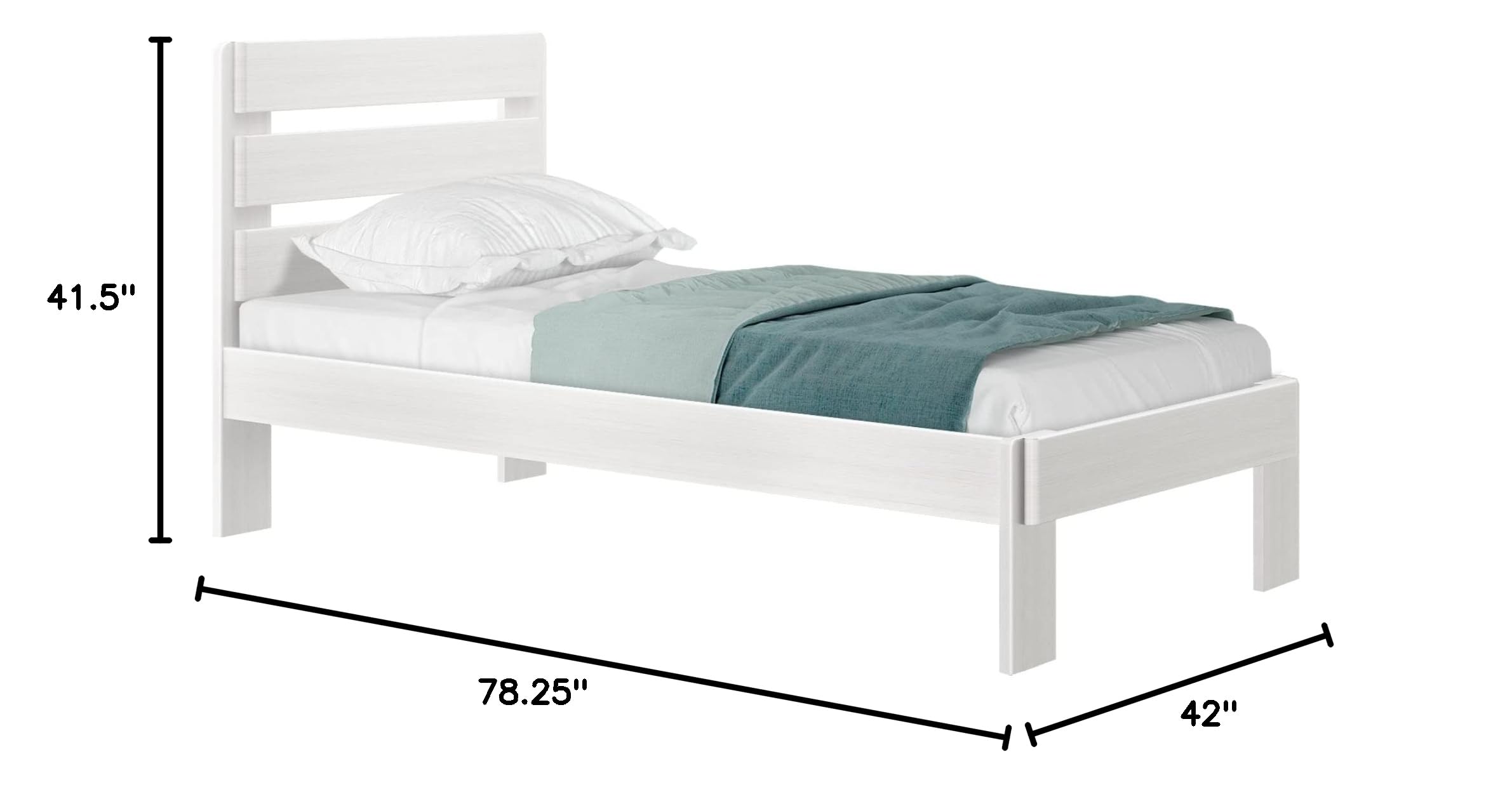 Rustic White Wash Twin Bed Frame with Headboard & Slatted Platform - Solid Wood Plank & Beam Design for Cozy Bedrooms & Guest Rooms