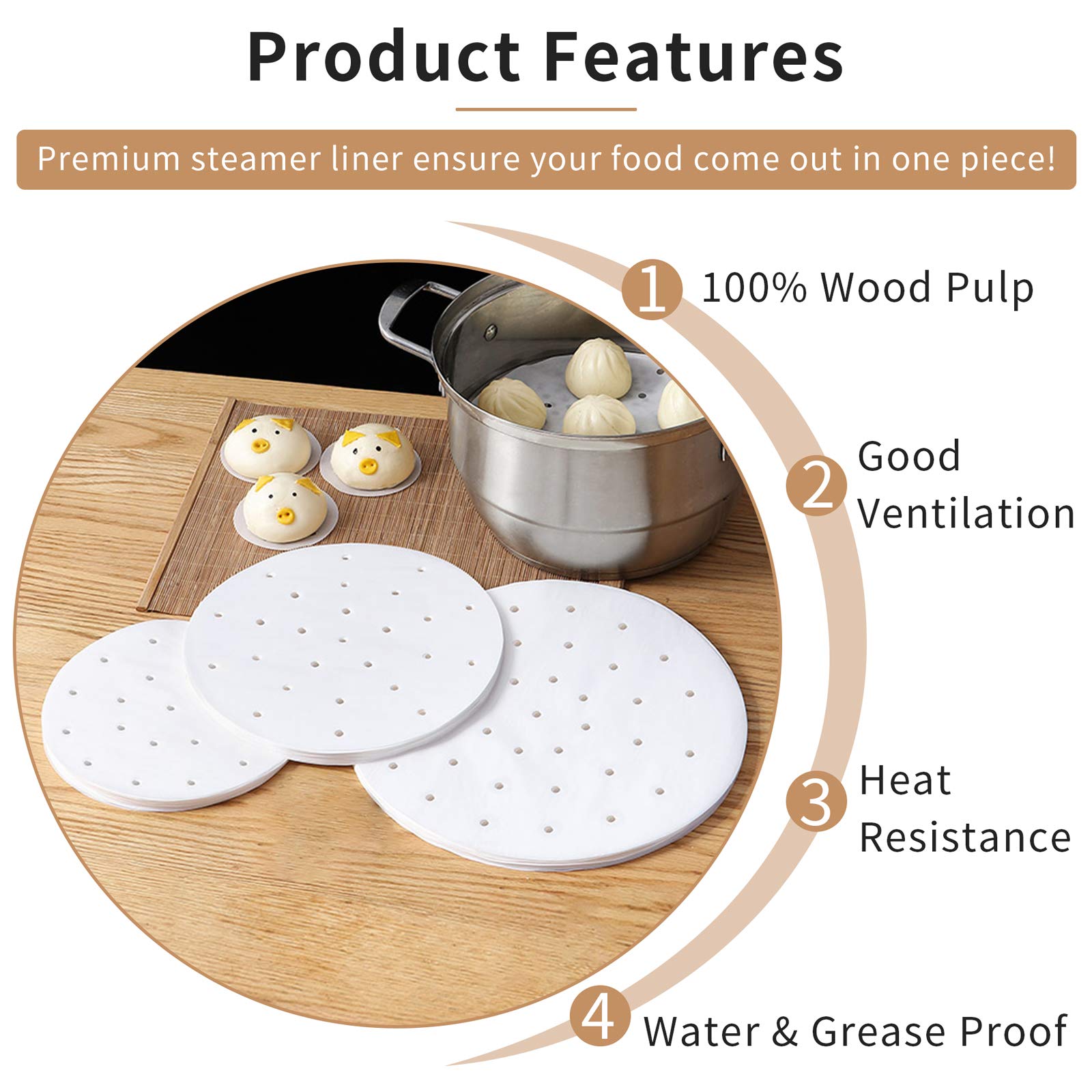 CONIE 12 Inch Steamer Paper Liners - 100ct Perforated Parchment Sheets for Air Fryer, Steaming Basket & Cooking | Perfect for Healthy Meals, Dumplings & Vegetables