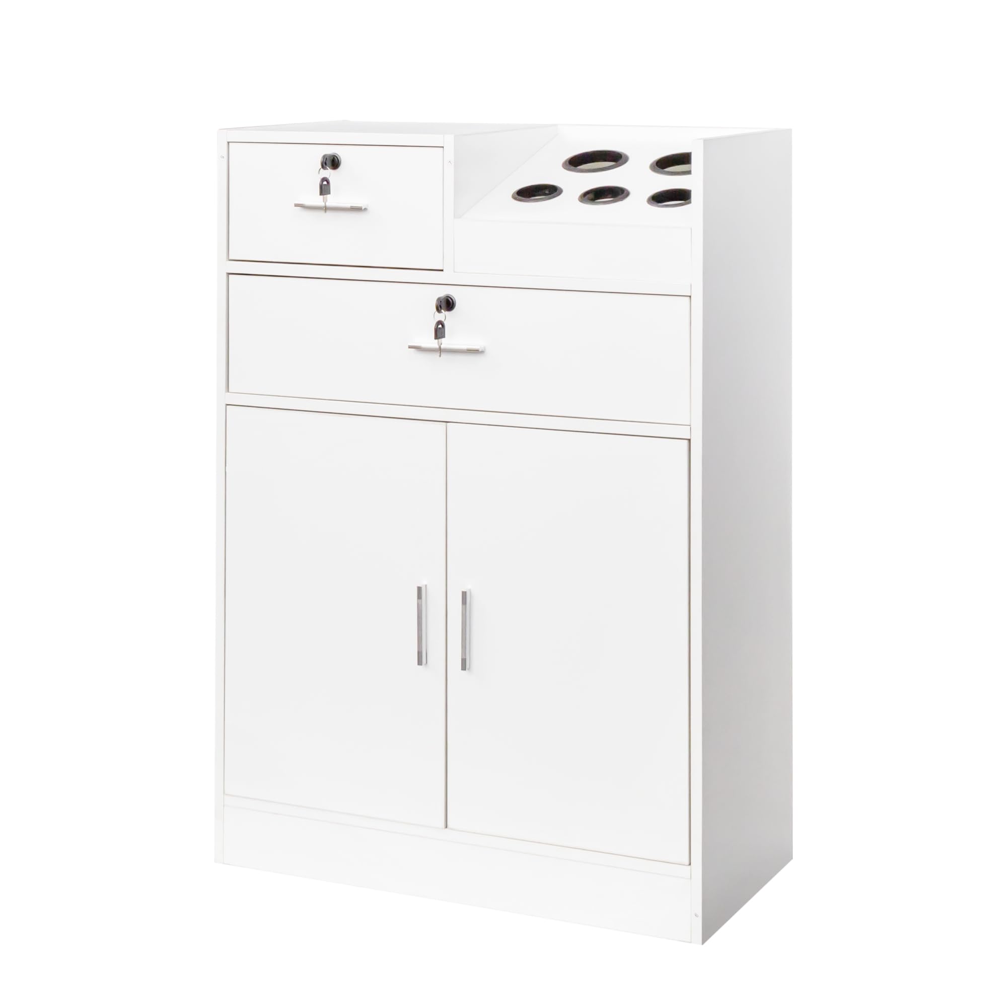 Salon Storage Cabinet with Hair Dryer Holder - 2 Drawers & 1 Cabinet for Salon, Barber & Home Use - White