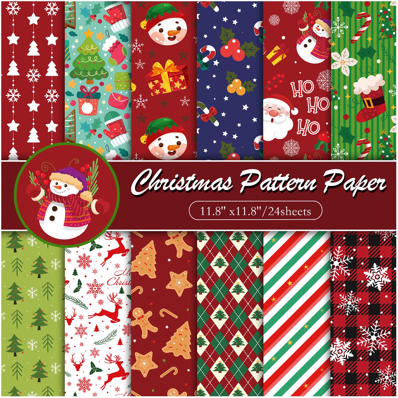 Konsait 24 Sheets 12x12 Double Sided Christmas Scrapbook Paper - Festive Patterned Craft Paper for Card Making, Gift Wrapping, Origami & Scrapbooking | Perfect for Holiday DIY Projects, Christmas Cards & Home Decor