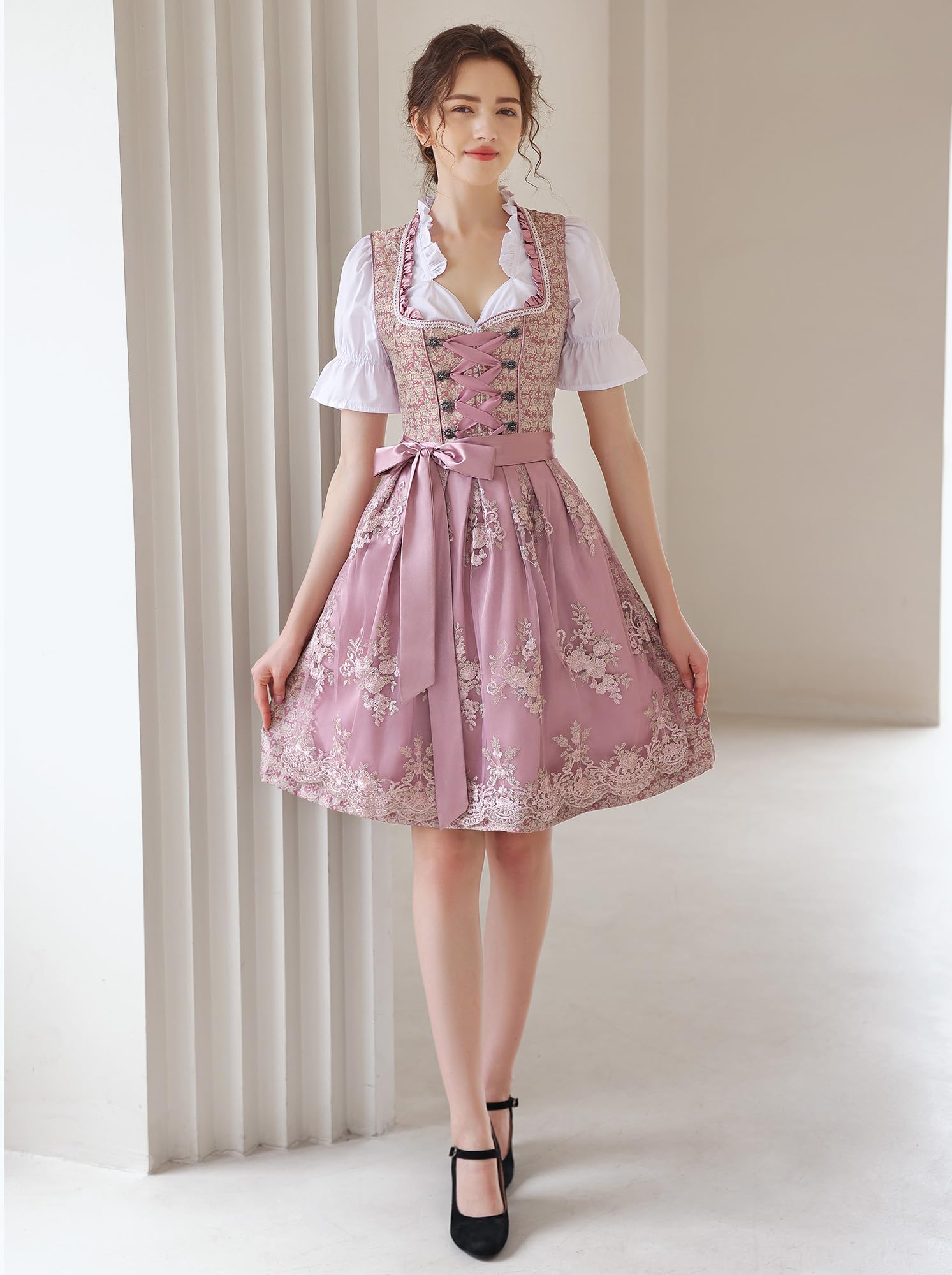 Authentic German Dirndl Dress for Women - 3-Piece Oktoberfest Costume with Blouse & Apron in Pink | Perfect for Oktoberfest, Halloween, Themed Parties & Cultural Events