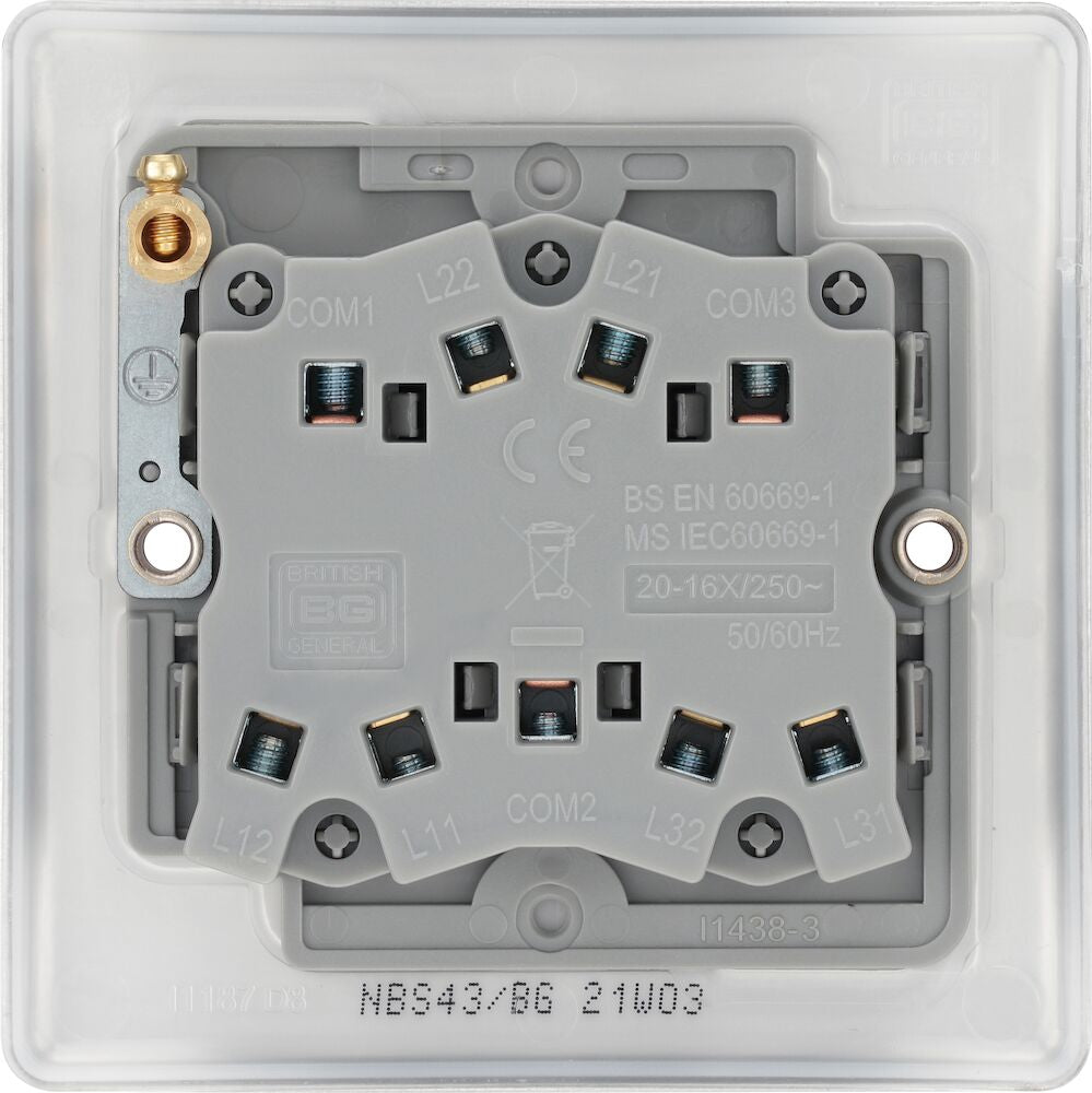 BG Nexus Metal Brushed Steel 3G 2W Light Switch NBS43 - Modern Electrical Wall Plate for Home & Office Decor | Perfect for Living Room, Bedroom, and Commercial Spaces