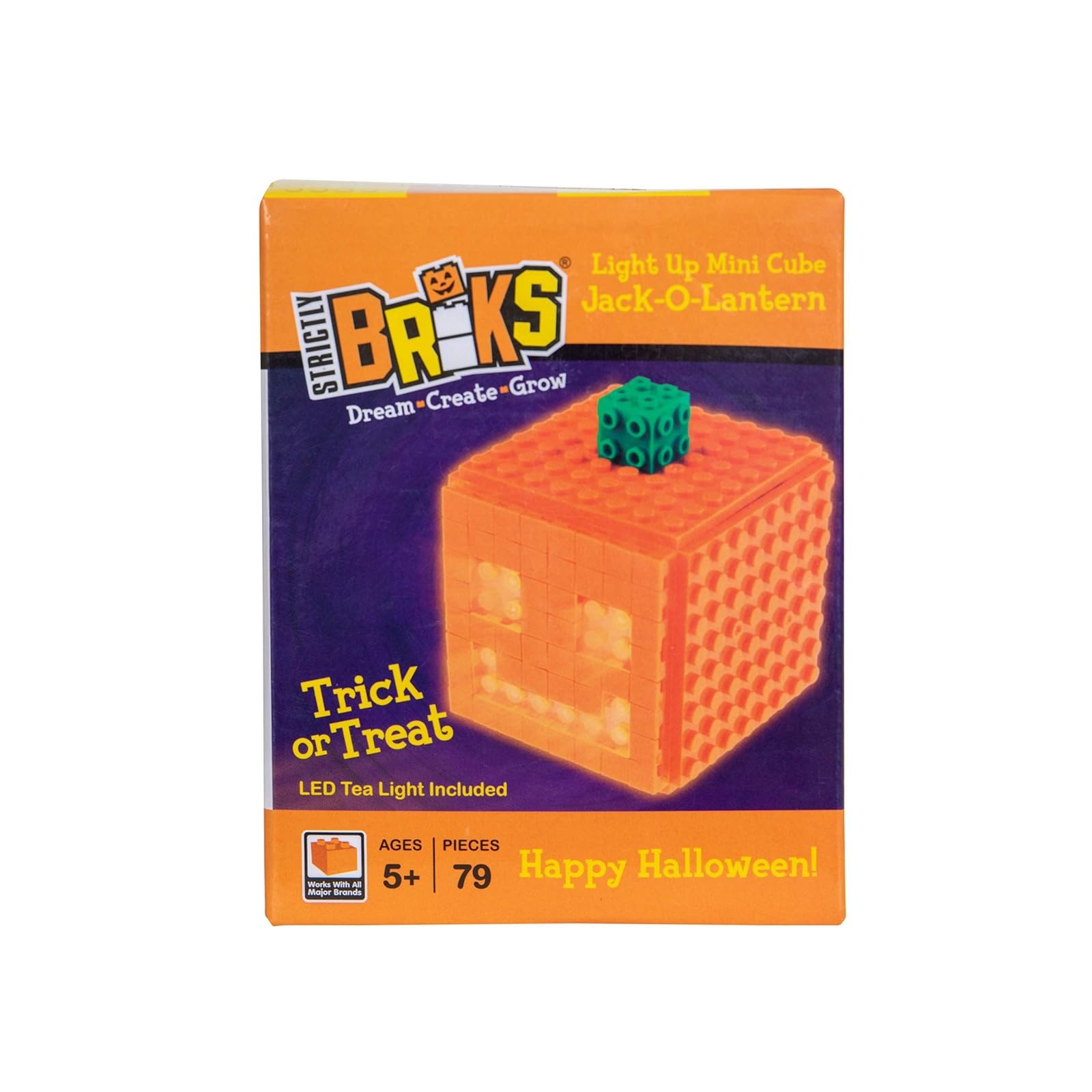 Strictly Briks 3D Toy Building Bricks - 79 Piece Halloween LED Light Up Mini Cube Jack-O-Lantern Set | Compatible with Lego & All Major Brands | Perfect for DIY Decorations, Halloween Party Favors & Creative Play