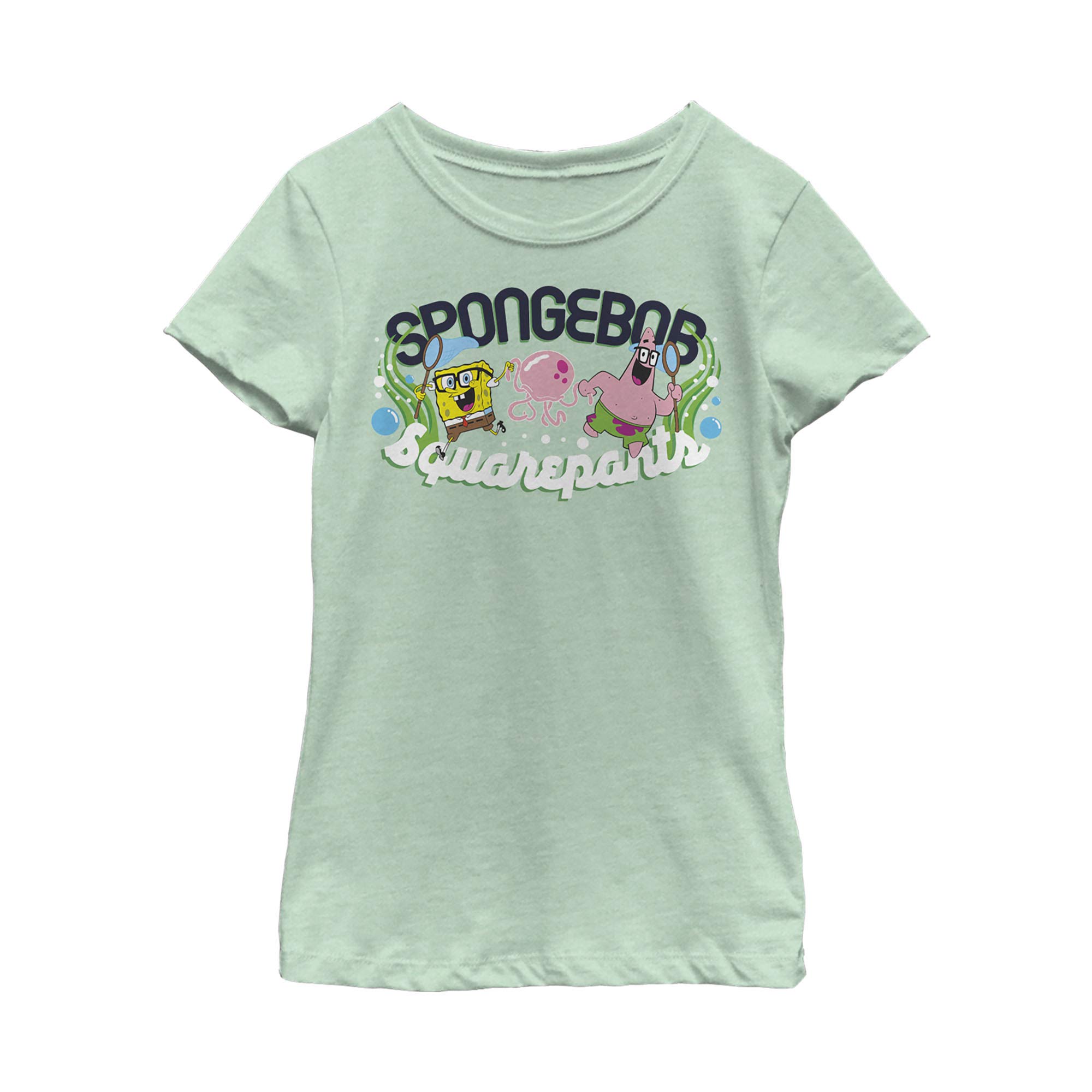 Spongebob and Patrick Catching Jellyfish Graphic Short Sleeve Tee Shirt for Women - Casual Summer Tops, Funny Cartoon T-Shirts for Beach Outings & Anime Conventions