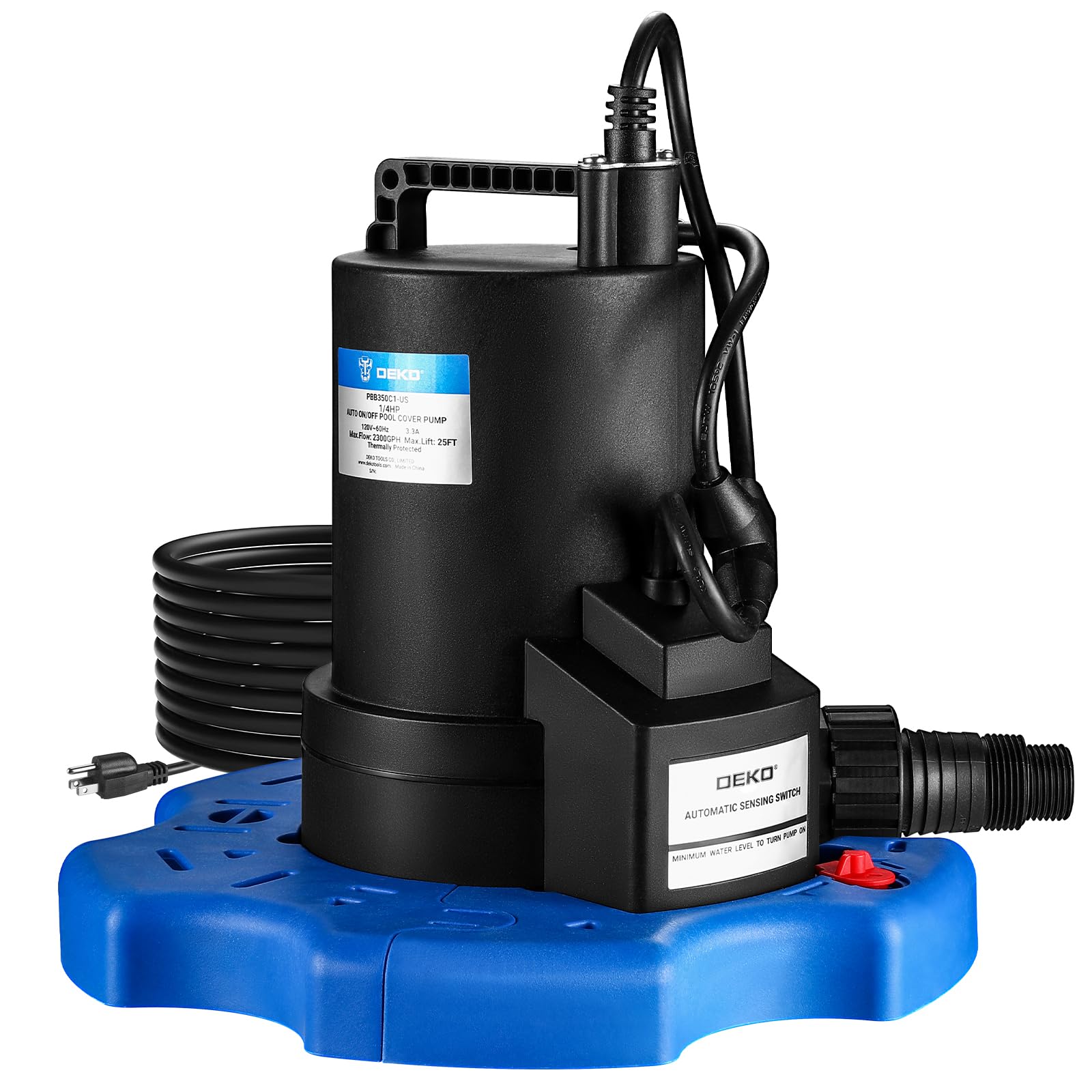 DEKOPRO 1/4 HP 3000GPH Automatic Submersible Pool Cover Pump with Auto On/Off Switch - Heavy Duty Water Removal Pump for Swimming Pools, Hot Tubs, Ponds - Perfect for Winter Pool Cover Maintenance & Rainwater Drainage