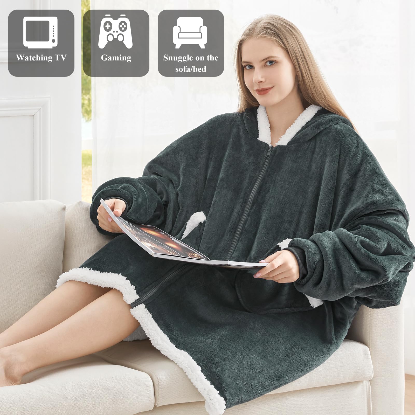 Topcee Oversized Wearable Blanket Hoodie - Sherpa Fleece Hooded Sweatshirt with Giant Pocket | Ultra Soft & Warm Winter Wear | Perfect for Lounging, Netflix Nights & Outdoor Camping (Dark Grey)