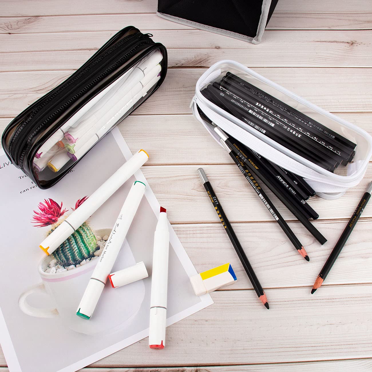 Rolybag Clear PVC Zipper Pencil Case - Waterproof Travel Toiletry & Cosmetic Organizer for Makeup Brushes, School Supplies, Office Essentials - Portable Storage for Home, Office & Travel (Black & White)