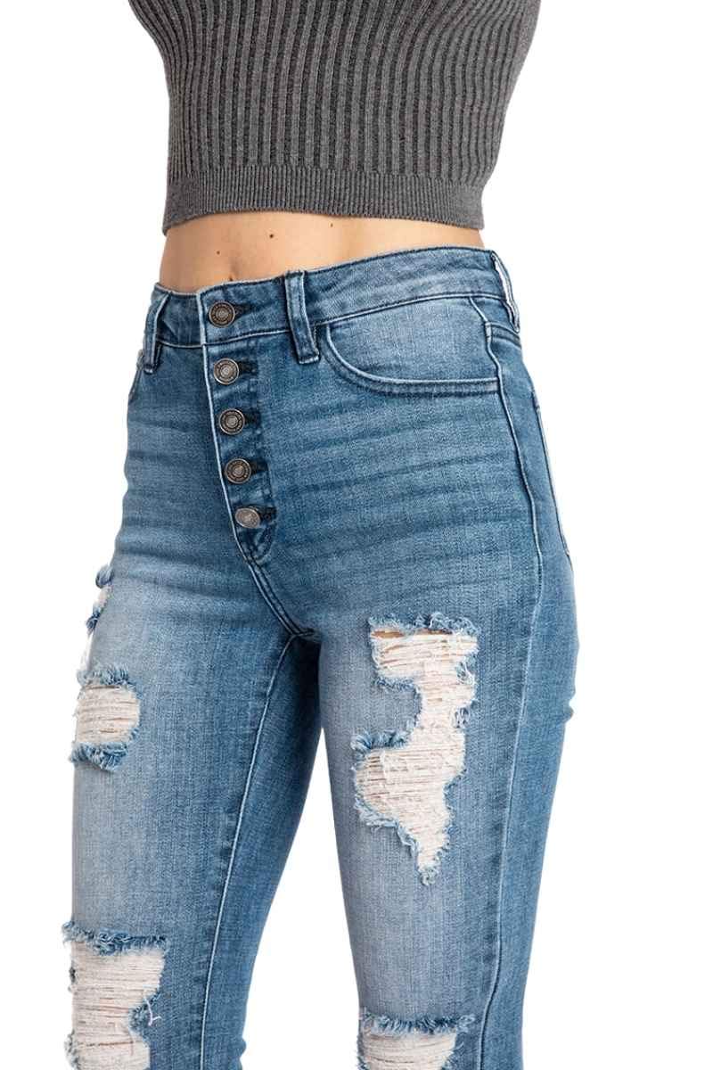 Kan Can Women's High Rise Button Fly Distressed Super Skinny Jeans | Vintage Stretch Denim Pants for Casual Wear, Night Out & Everyday Fashion