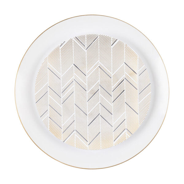 32-Piece Black and Gold Chevron Round Plastic Dinnerware Set - 16 Place Settings - BPA-Free Dish Set for Parties, Picnics & Outdoor Dining - Elegant Disposable Tableware for Weddings, BBQs & Events