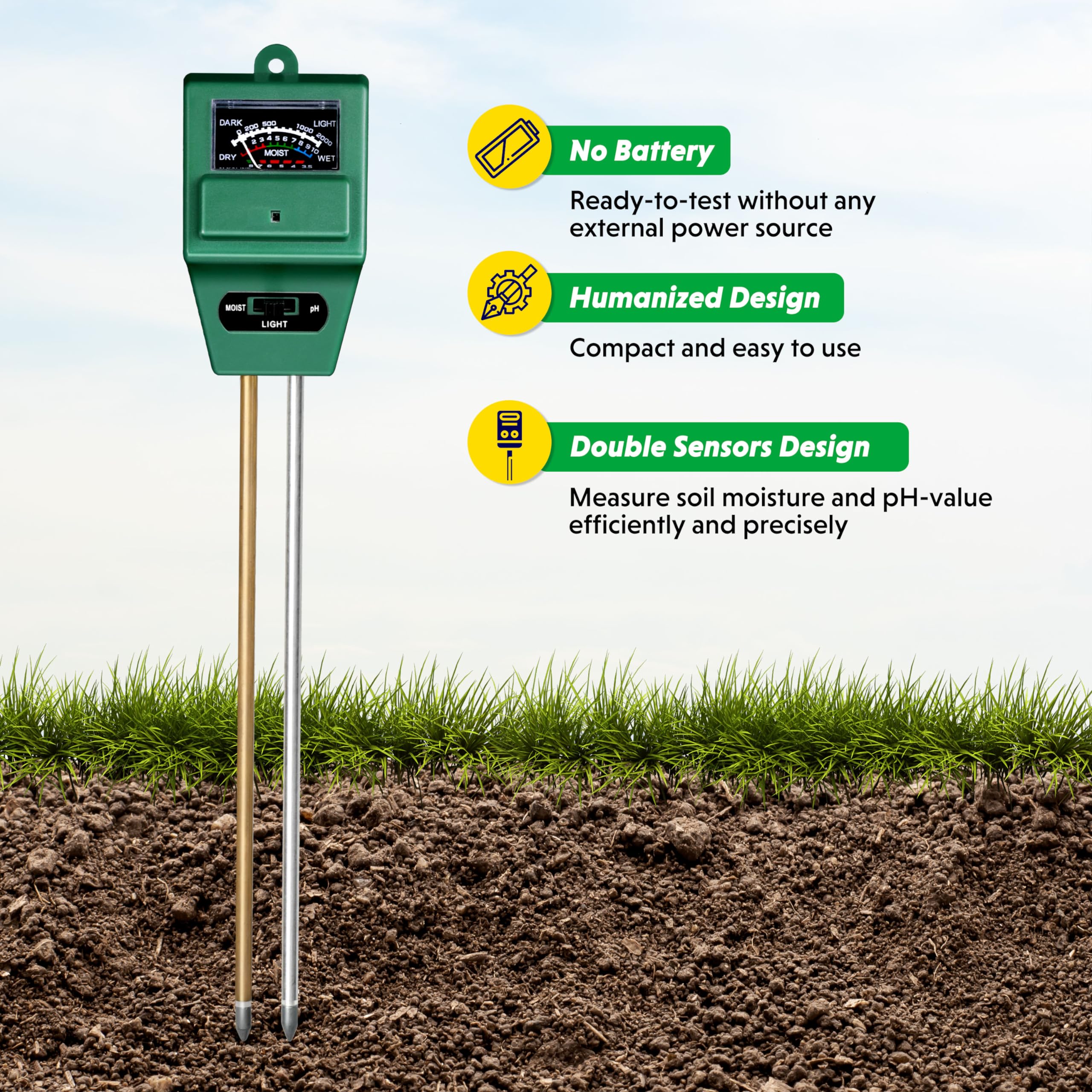 iPower 4-Pack 3-in-1 Soil Moisture/Light/pH Meter Tester Kit - Digital Plant Care Tool for Indoor Outdoor Gardening, Lawn, Farm, Houseplants - Green Square Design (Perfect for Home Gardeners & Professional Growers)