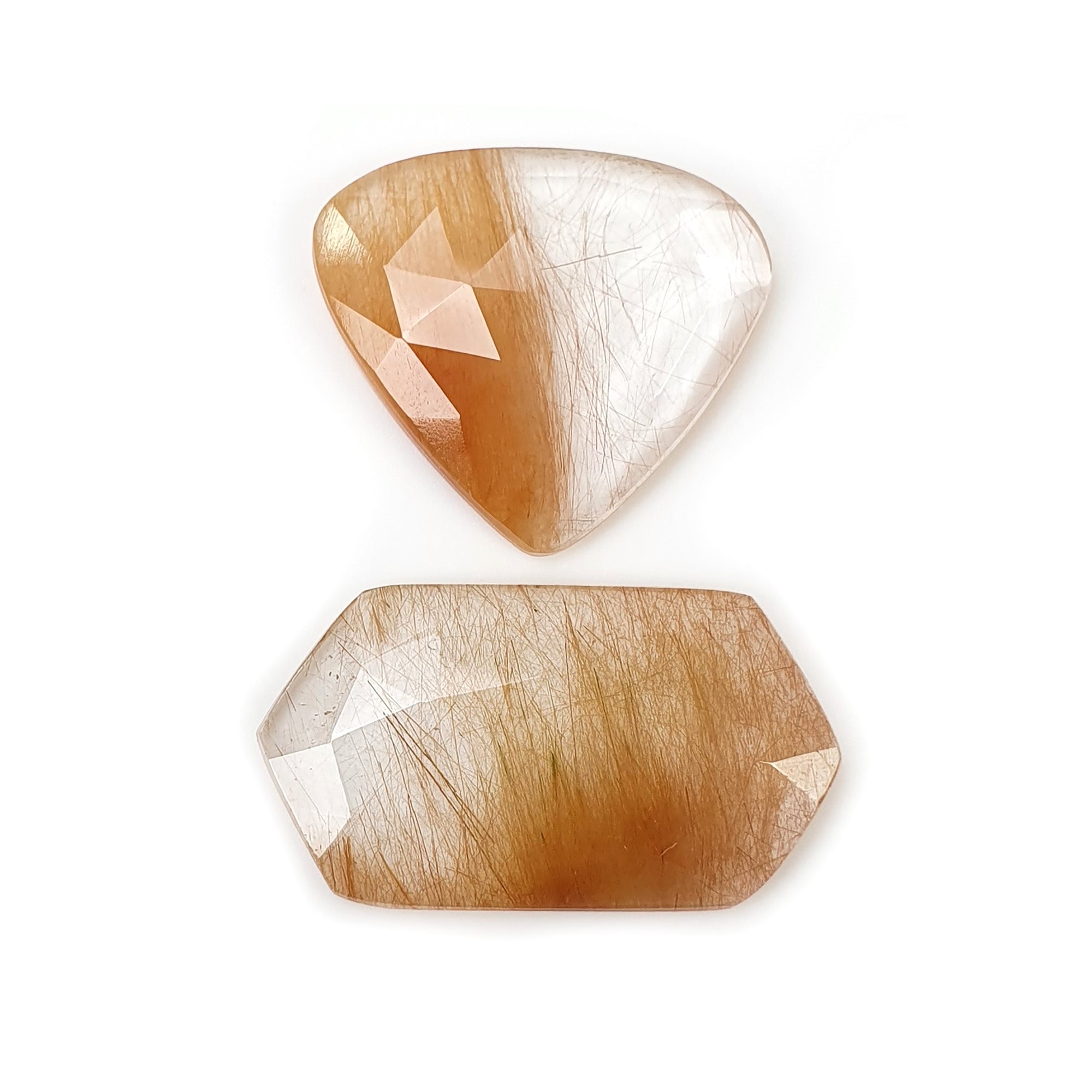 Natural Brown Rutile Quartz Gemstone Rose Cut - 27.00ct Untreated Hexagon & Triangle (28x15mm & 23x21mm) 2pc Set with Video | Healing Crystal, Jewelry Making, Meditation Stone