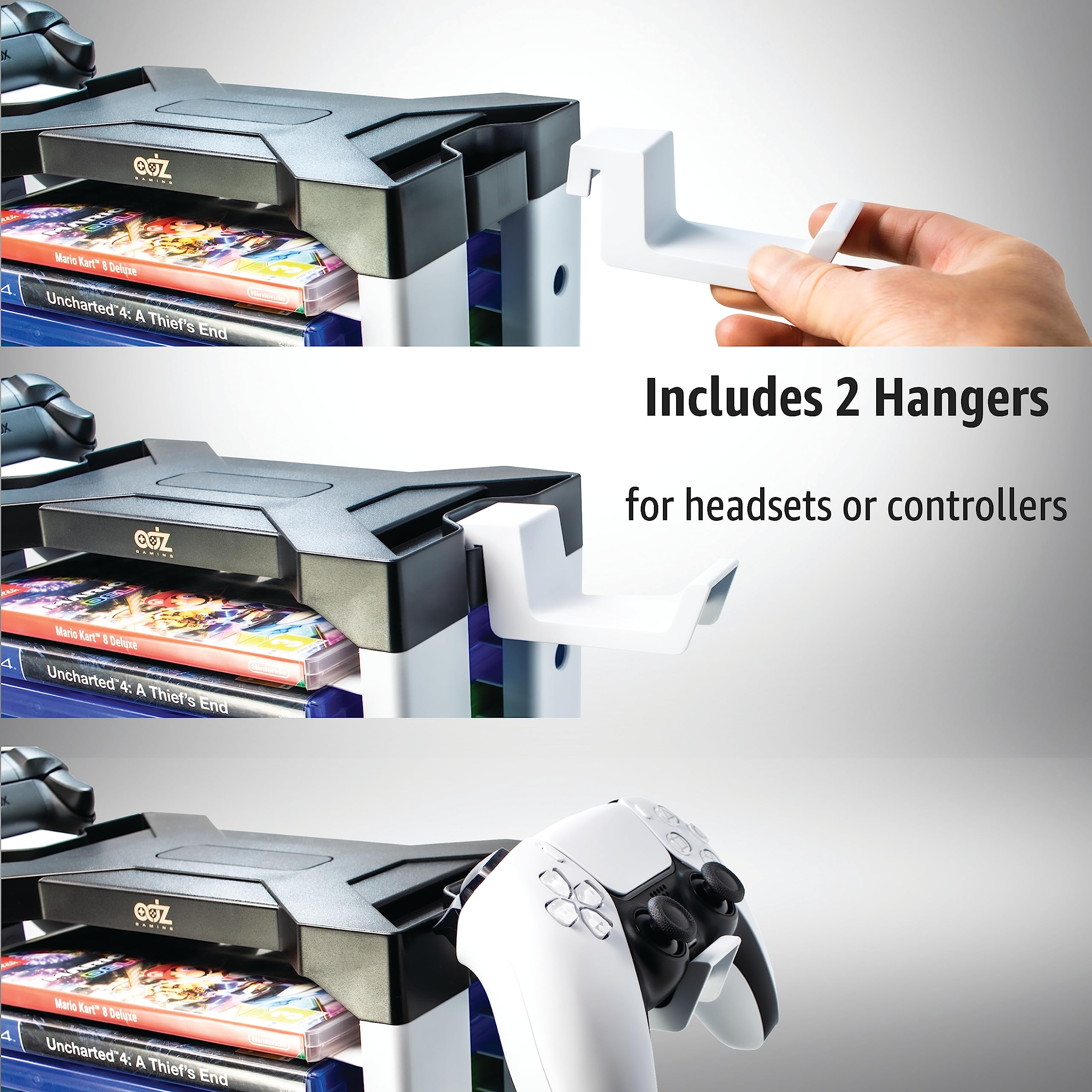 Universal Game Holder & Storage Tower - 23 Game Rack for PS2, PS3, PS4, PS5, PSP, Xbox 360, Xbox One, Series X, Wii & Switch Games | DVD & Blu-Ray Disc Organizer with 2 Controller Mounts | Perfect for Gaming Setup & Media Organization