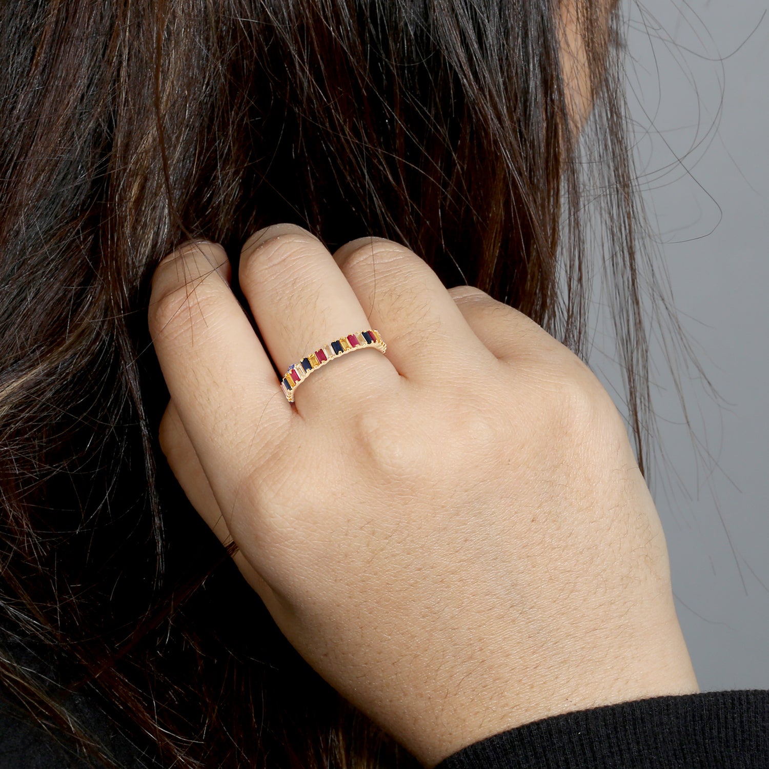 Exquisite Baguette Cut Rainbow Sapphire & Ruby Gemstone Band Ring in 14K Yellow Gold | Elegant Stackable Ring for Women, Perfect for Weddings, Anniversaries & Special Occasions