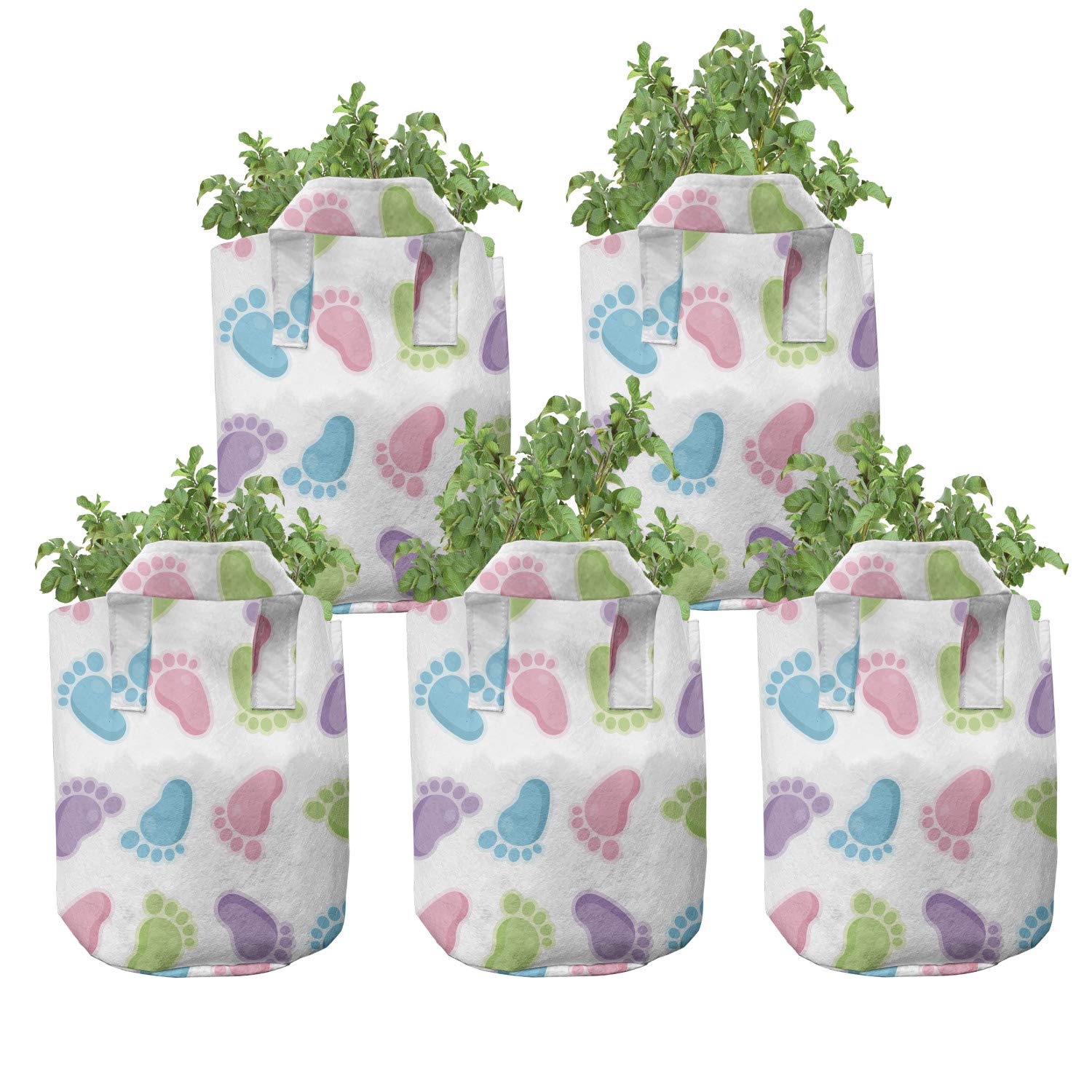 Ambesonne 5-Pack Cartoon Grow Bags with Footprints Pattern - Heavy Duty Fabric Plant Pots with Handles for Indoor/Outdoor Gardening - Multicolor Artwork for Vegetables, Flowers & Herbs