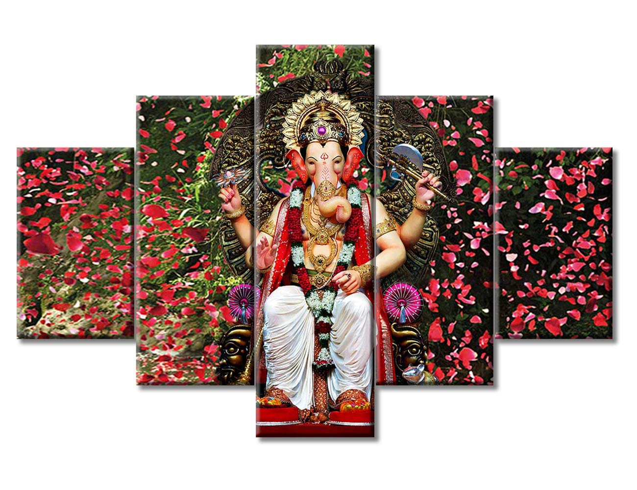 TUMOVO 5-Piece Ganesha Canvas Wall Art Set - Modern Hindu God Ganesha Paintings for Living Room & Bedroom Decor - Wooden Framed Spiritual Posters (60''Wx40''H) - Perfect for Meditation Spaces & Yoga Studios