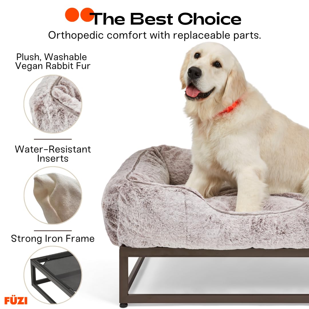 Premium Modern Elevated Dog Bed - Large 40x32x18 Inch Luxury Raised Pet Bed for Indoor/Outdoor Use - Snow & Brown Aesthetic Design for Comfortable Sleeping & Lounging