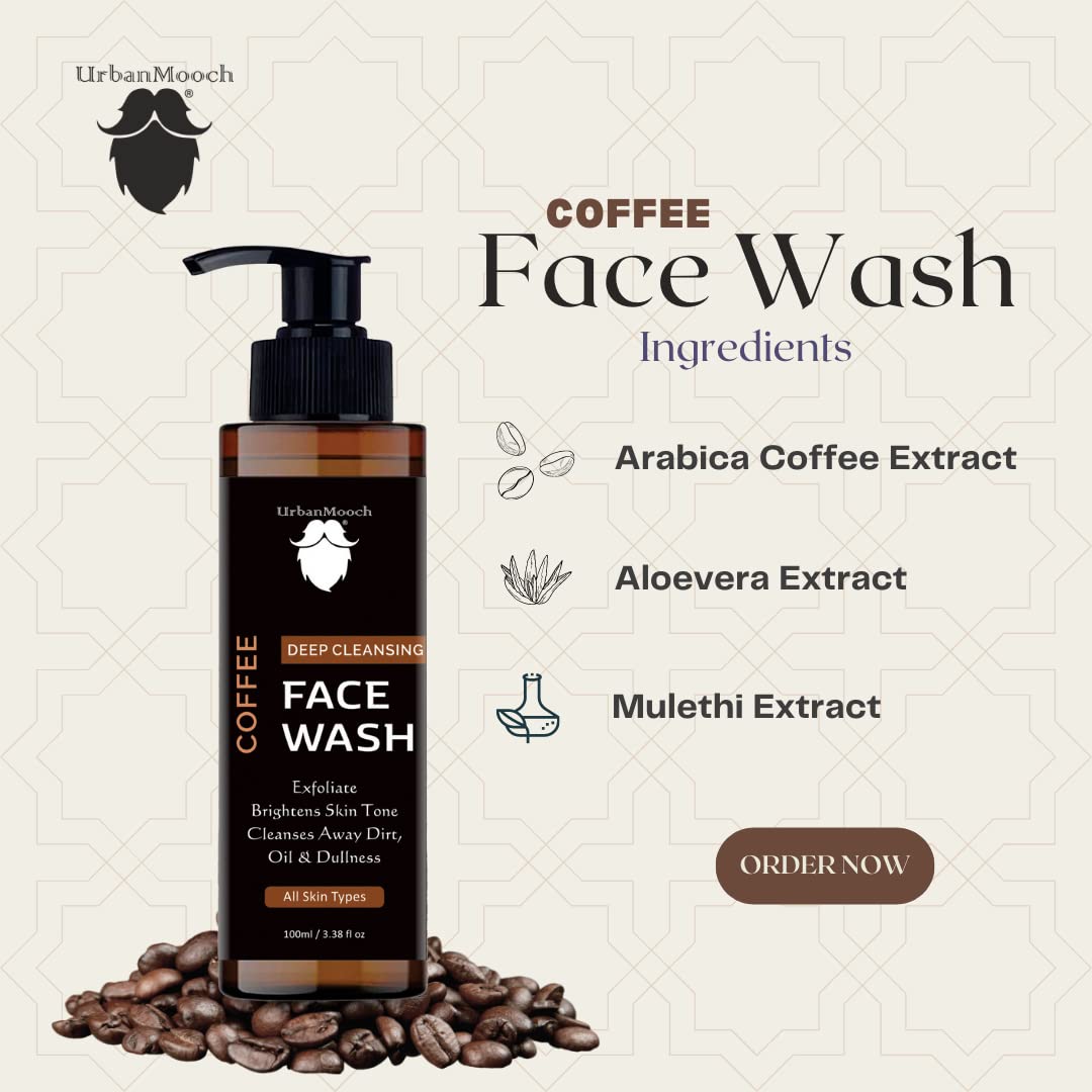 UrbanMooch Coffee Face Wash for Men - Deep Cleansing, Detan & Brightening with Arabica Coffee & Niacinamide (100ml) | Daily Skincare for Acne-Prone & Oily Skin | Perfect for Morning & Night Routine