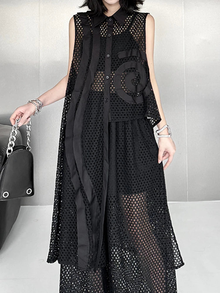 Trendy Black Grid Vest & Wide Leg Pants Two-Piece Set for Women - Lapel Sleeveless Jumpsuit Outfit | Plus Size Fashion | Spring & Fall 2025 Collection | Perfect for Office Wear, Date Nights & Casual Outings