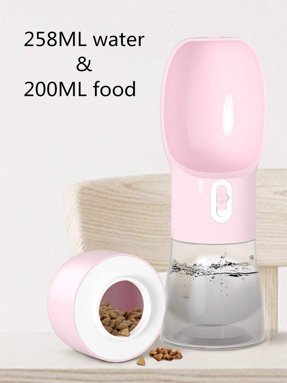 **Leak-Proof Outdoor Dog Water Bottle Dispenser with Food Container – Portable Travel Pet Water Bottle for Hiking, Walking & Camping (Pink)**