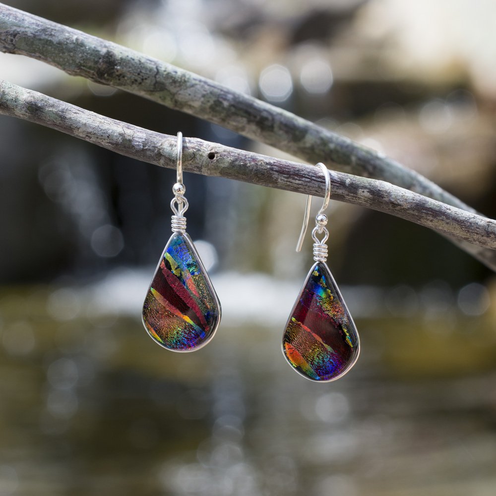 Rainbow Falls Earrings - Hypoallergenic Nickel Free Dichroic Glass Dangle Earrings | Handmade in USA | Perfect for Parties, Weddings & Everyday Wear