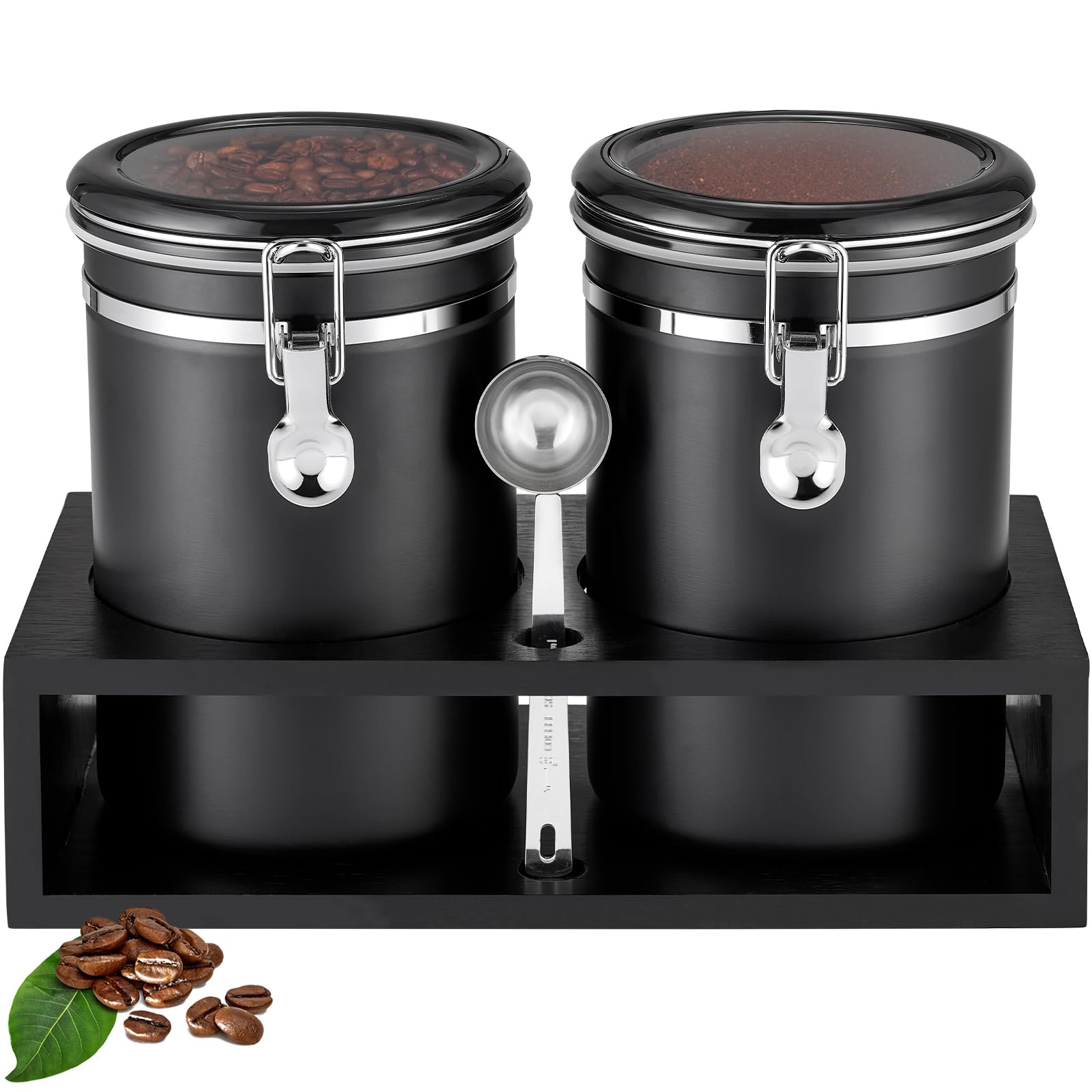 Yangbaga 2-Pack 66OZ Stainless Steel Coffee Canisters with Shelf - Airtight Locking Clamp & Scoop Included - Perfect for Coffee Bean Storage, Ground Coffee, Cereal & Kitchen Pantry Organization - Ideal for Coffee Stations, Home Kitchens & Office Break Rooms