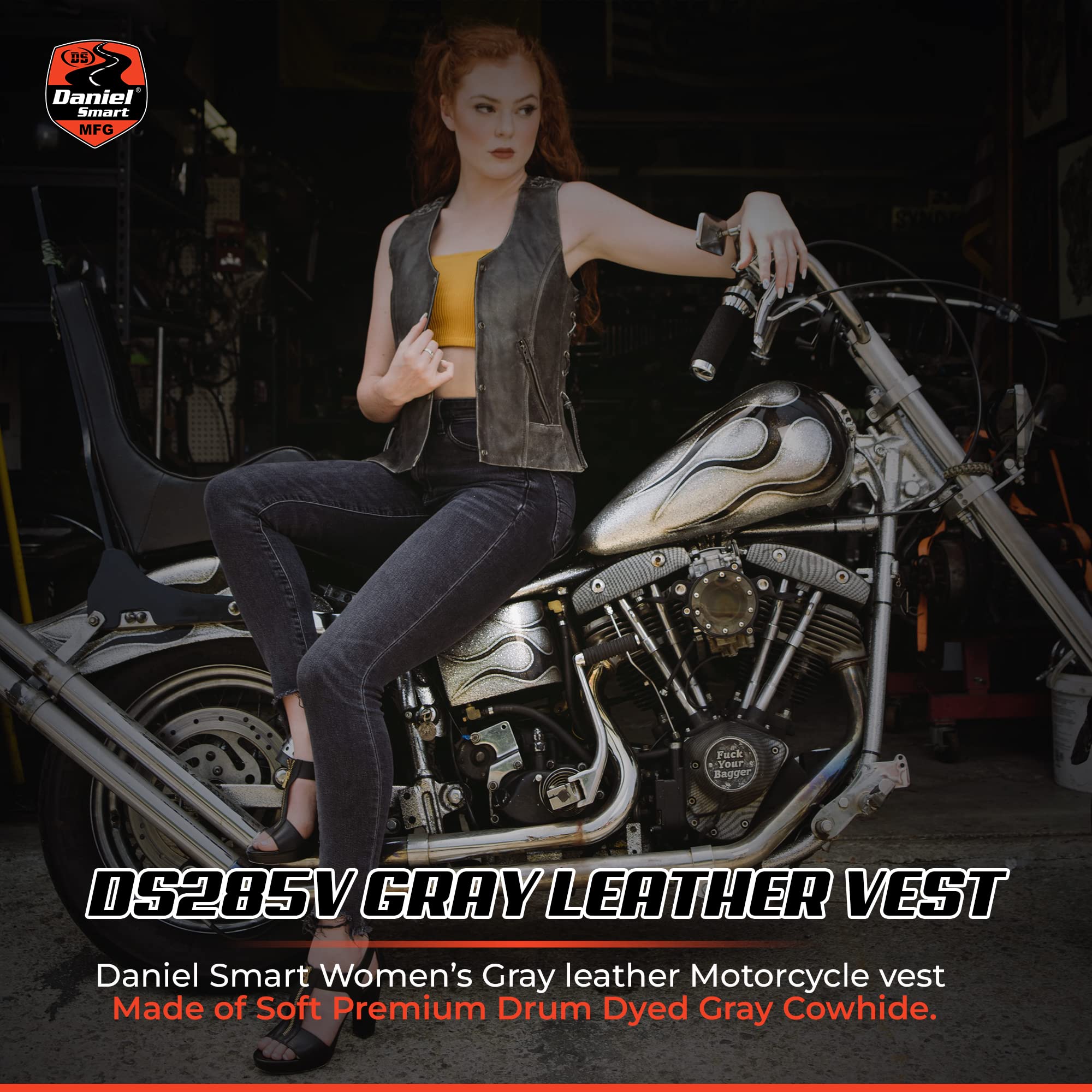 Daniel Smart Women's Leather Vest – Grey Grommet Detailed Faux Leather Vest with Side Laces & Hidden Armory Pocket | Stylish Biker Jacket for Motorcycle Riding, Outdoor Adventures & Fashion Outfits
