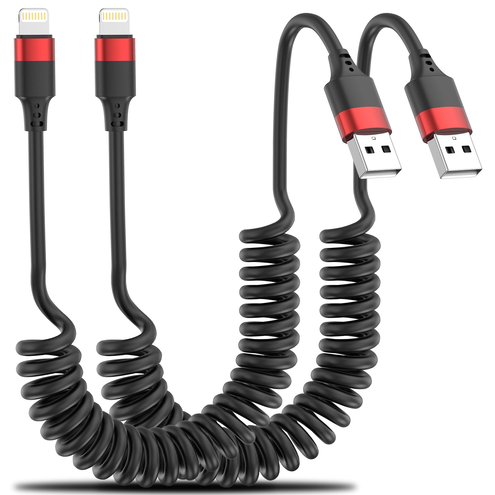 2 Pack Coiled Lightning Cable for Car - Fast Charging iPhone CarPlay USB Cable Compatible with iPhone 14/13/12/11 Pro Max/Mini/XR/XS/8/7 Plus/SE & iPad/iPod - Perfect for Road Trips & Daily Commute