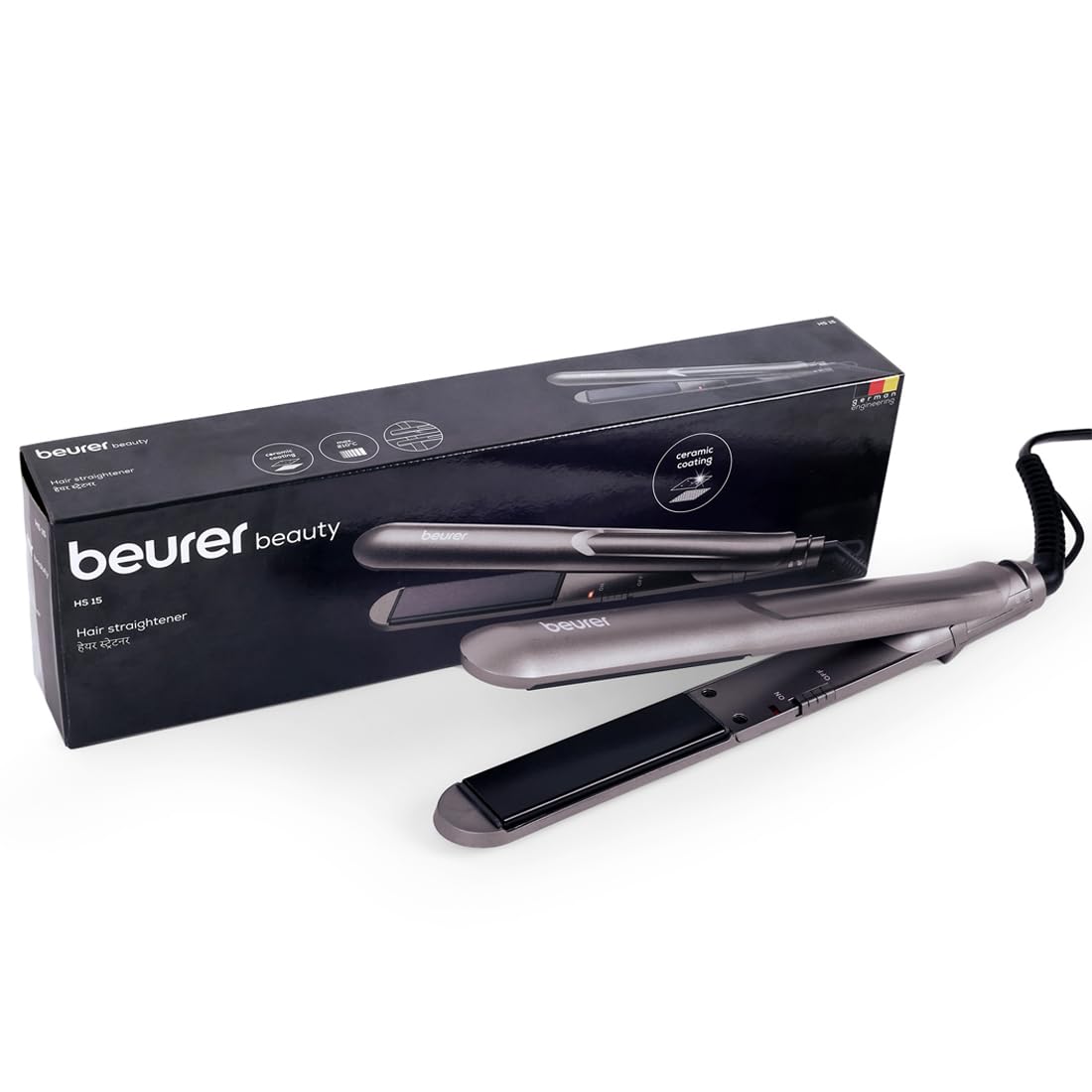 Beurer HS 15 Professional Ceramic Hair Straightener - Compact & Lightweight Flat Iron for All Hair Types (Grey) | Perfect for Travel, Home Use & Salon Styling