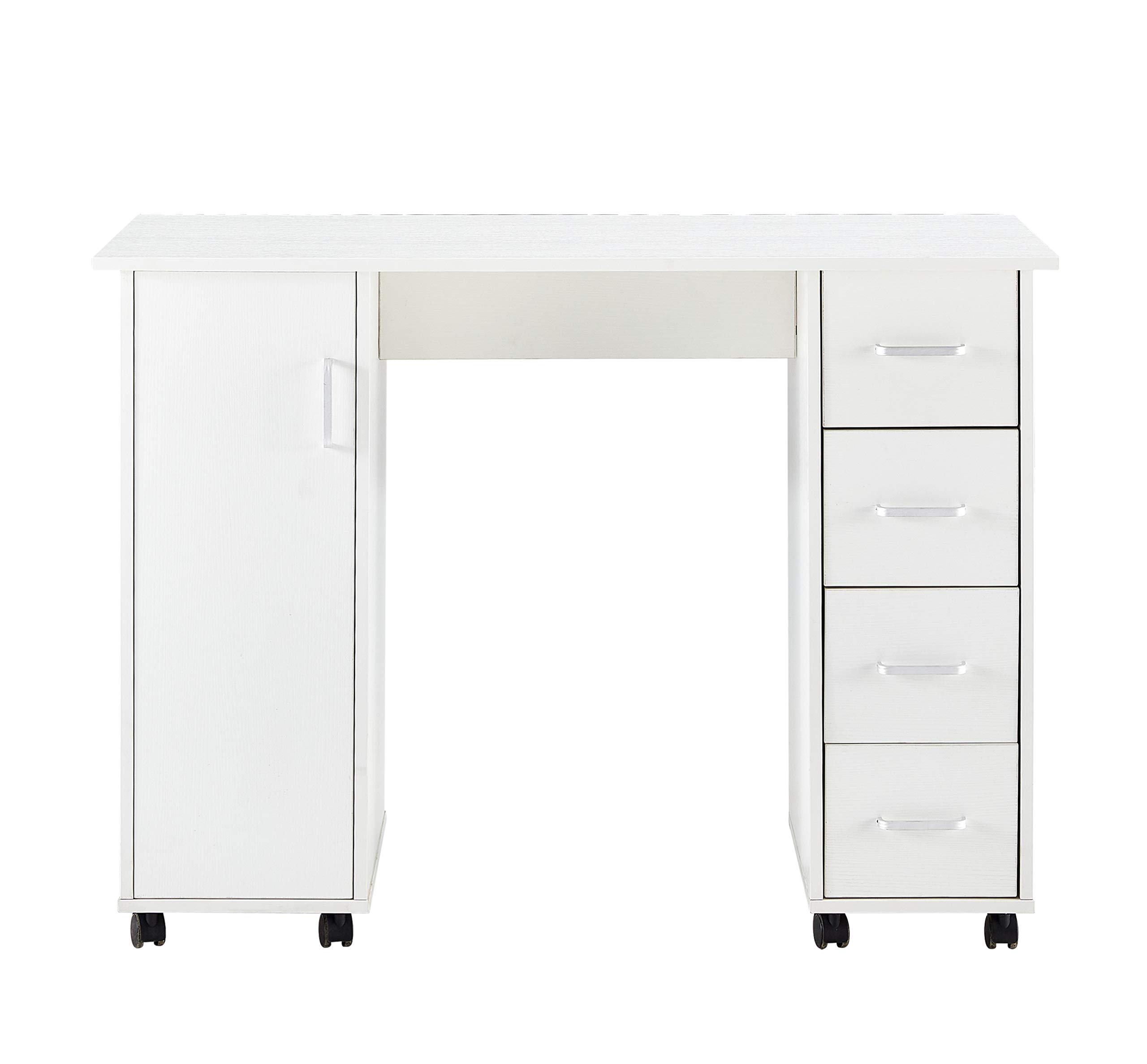 Professional Rolling Nail Art Station with 4 Drawers & Cabinet - Mobile Manicure Table for Salon & Home Use - White Wooden Beauty Technician Workstation | Perfect for Nail Spa, Home Manicures & Professional Nail Services