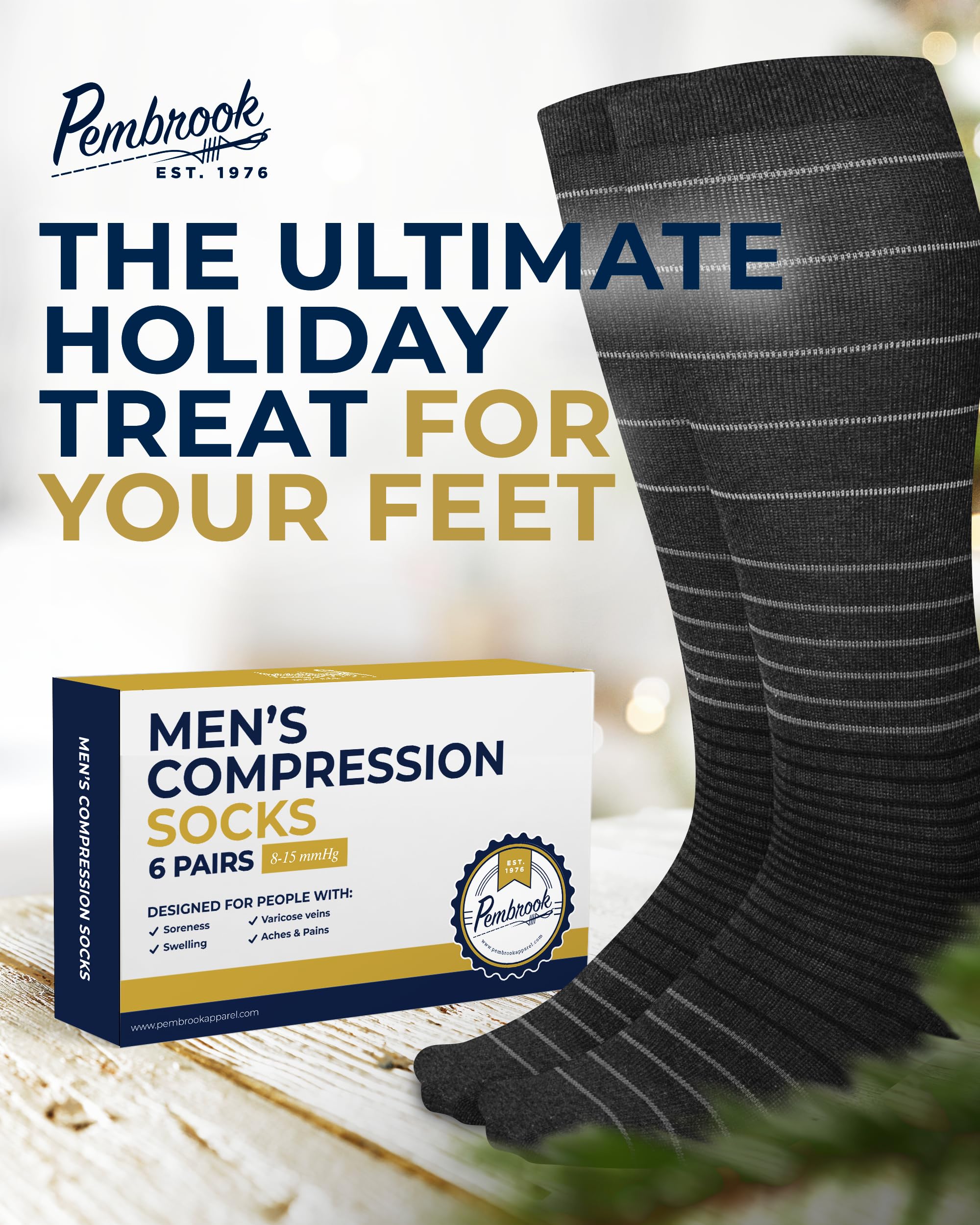 Pembrook Men's Light Compression Socks 6-Pack (8-15 mmHg) - Graduated Support Socks for Circulation, Travel & Recovery - Best for Running, Nursing & Long Flights