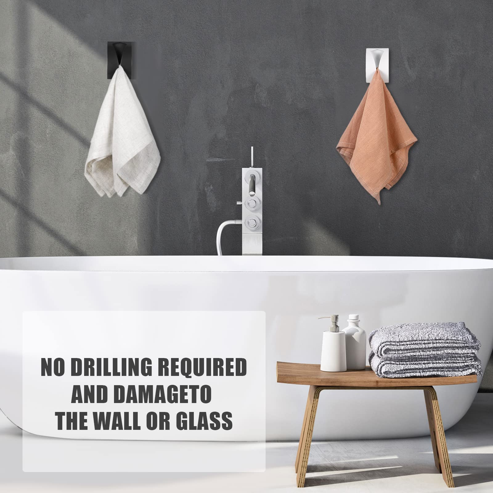 4-Pack Self-Adhesive Stainless Steel Towel Hooks - No Drill Wall Mount Hangers for Kitchen, Bathroom & Home Organization (Black/White) - Perfect for Hanging Dish Towels, Tea Towels, Robes & Bathroom Accessories