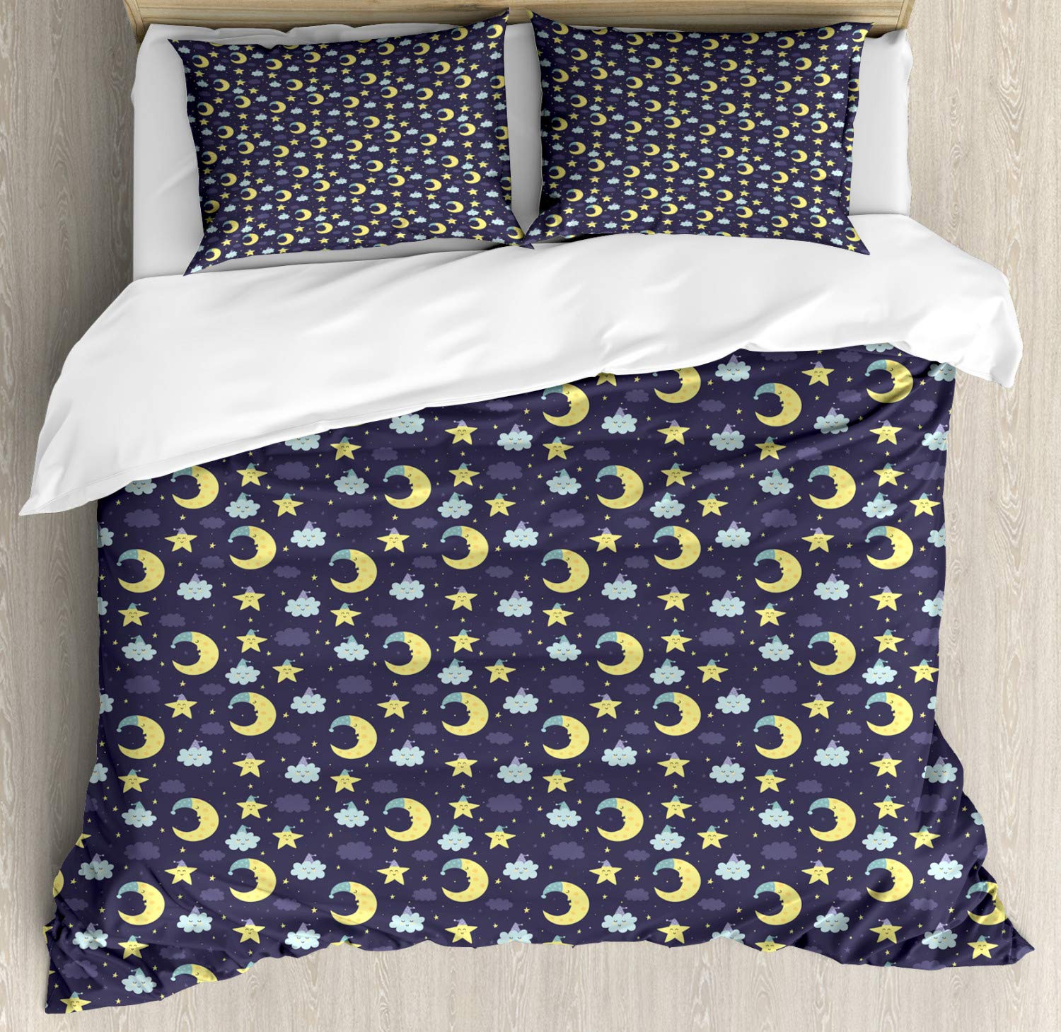 Ambesonne Queen Size Duvet Cover Set - 3 Piece Bedding with Moons, Clouds & Stars Design - Dark Purple & Pale Blue Galaxy Theme - Includes 2 Pillow Shams for Cozy Bedroom Decor (Perfect for Teens, Adults & Space-Themed Rooms)