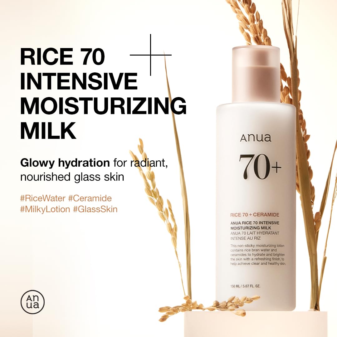 ANUA Rice 70 Intensive Moisturizing Milk - Korean Skincare with Rice Water, Niacinamide & Ceramides for Deep Hydration, Nourishment & Glass Skin | Lightweight Face Lotion (150ml/5.07 fl.oz) | Perfect for Dry Skin, Night Routine & Achieving Dewy Glow