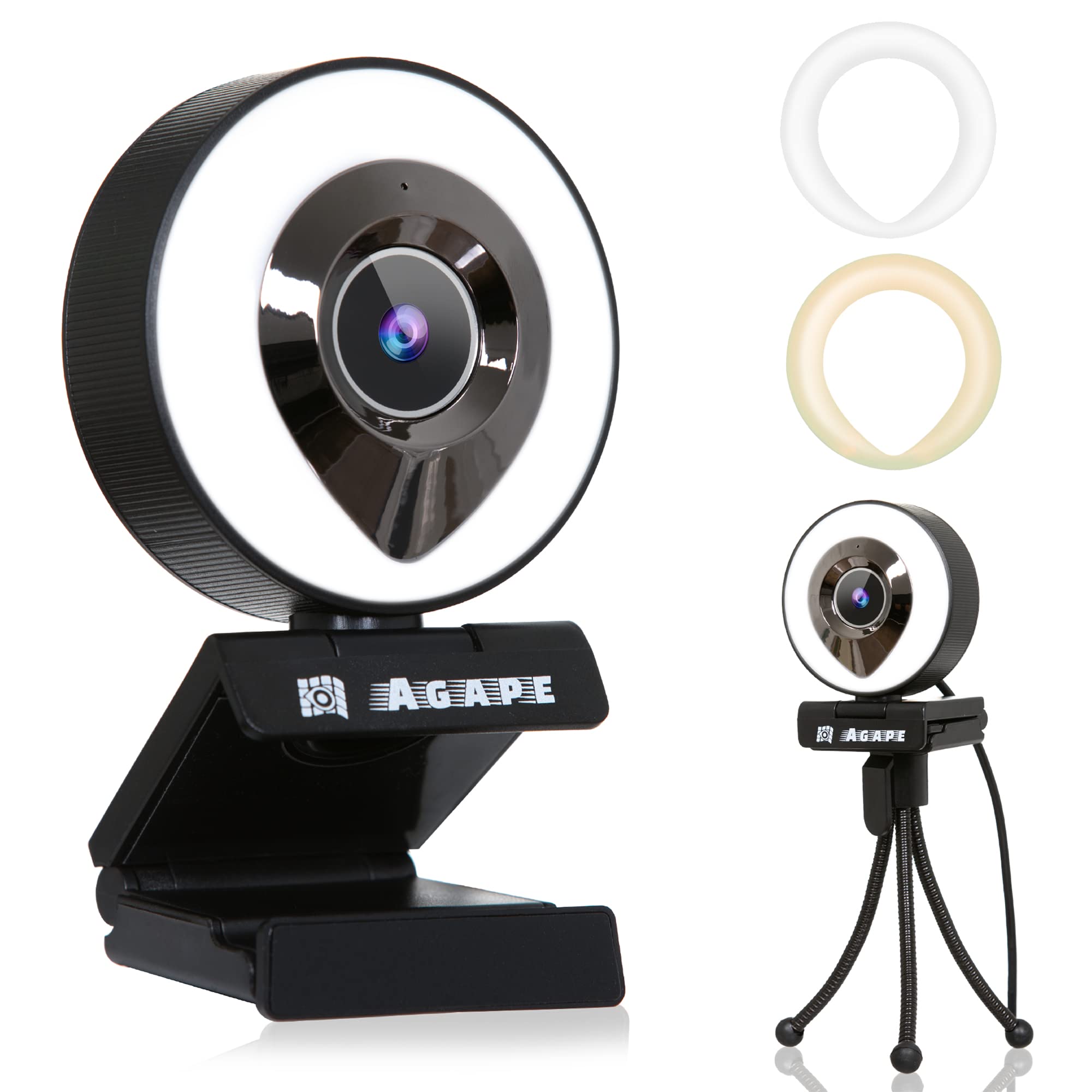 Agape Full HD 1080P Webcam with Built-in Microphone & Auto Focus - Plug & Play USB Web Camera with Adjustable Ring Light & Tripod Stand for Zoom/Skype/Teams Meetings, Online Classes, Live Streaming & Gaming