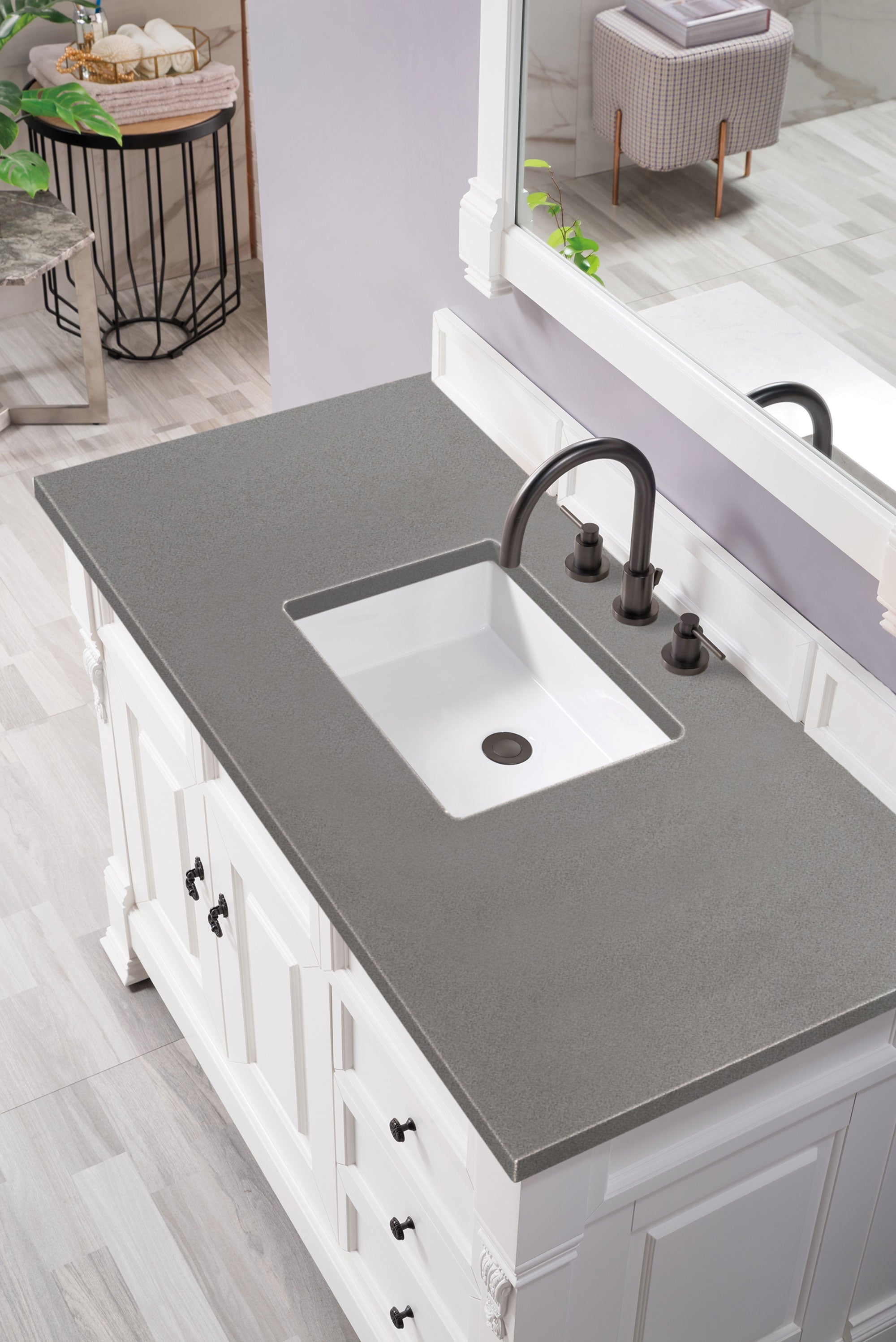 Brookfield 48 Inch Single Bathroom Vanity Set with Bright White Finish & 3CM Grey Expo Quartz Countertop - Perfect for Modern Home Bathroom Renovation