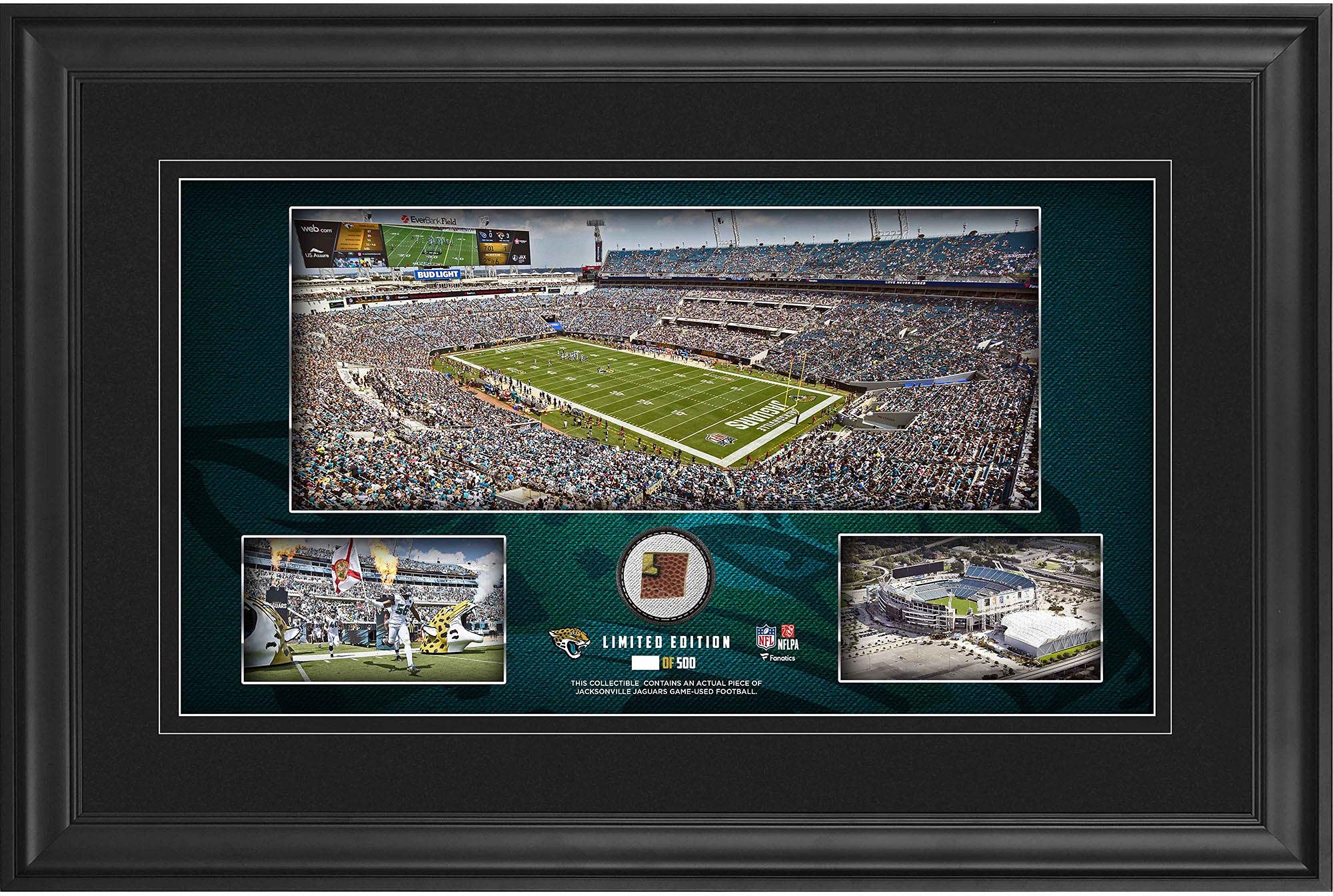 Jacksonville Jaguars Framed 10x18 Inch NFL Stadium Panoramic Collage with Authentic Game-Used Football - Limited Edition 500 - Perfect for Sports Memorabilia Collectors and Jaguars Fans Home Decor