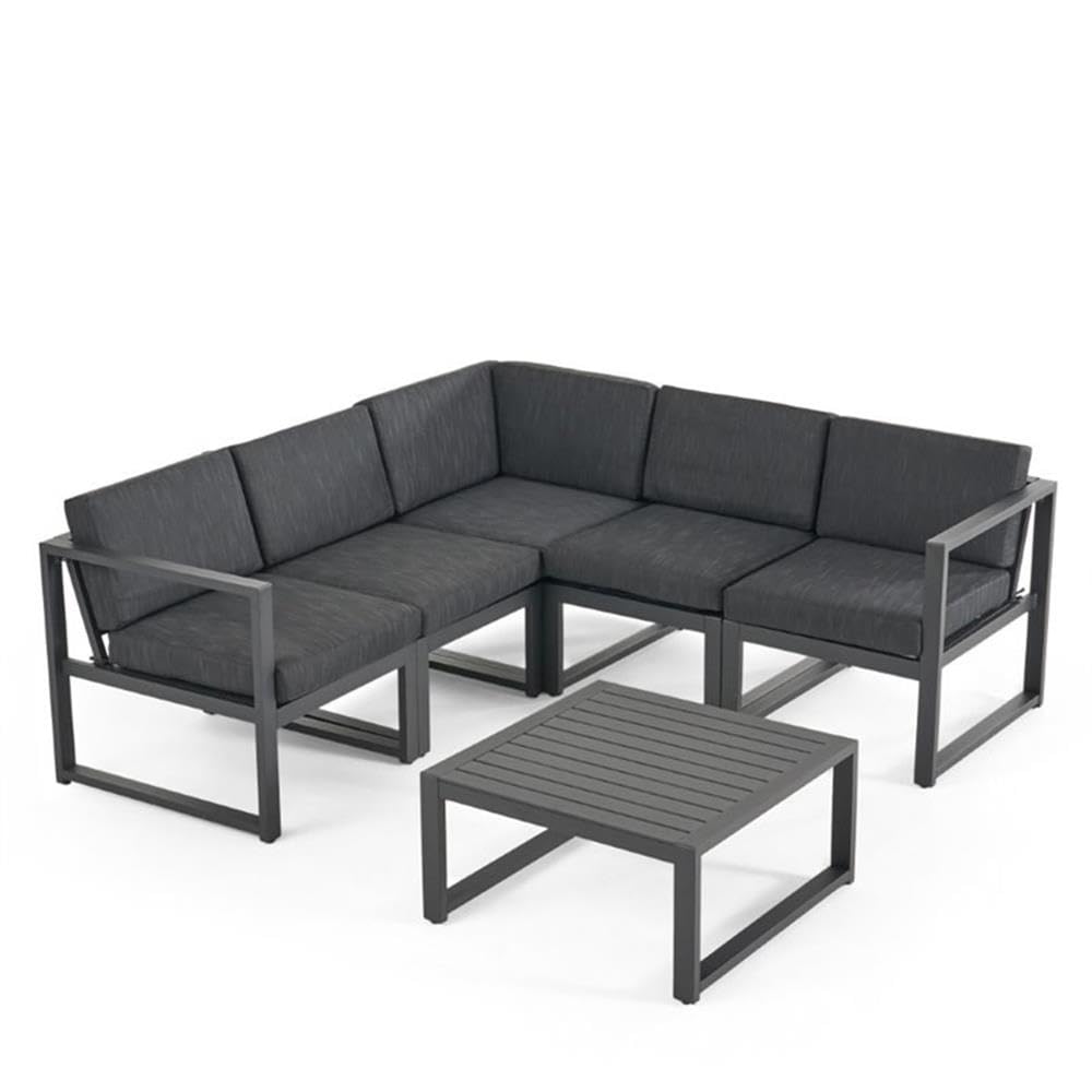 Noble House Navan 6-Piece Outdoor Aluminum Sectional Sofa Set - Dark Gray Patio Furniture for Backyard, Poolside & Garden Lounge