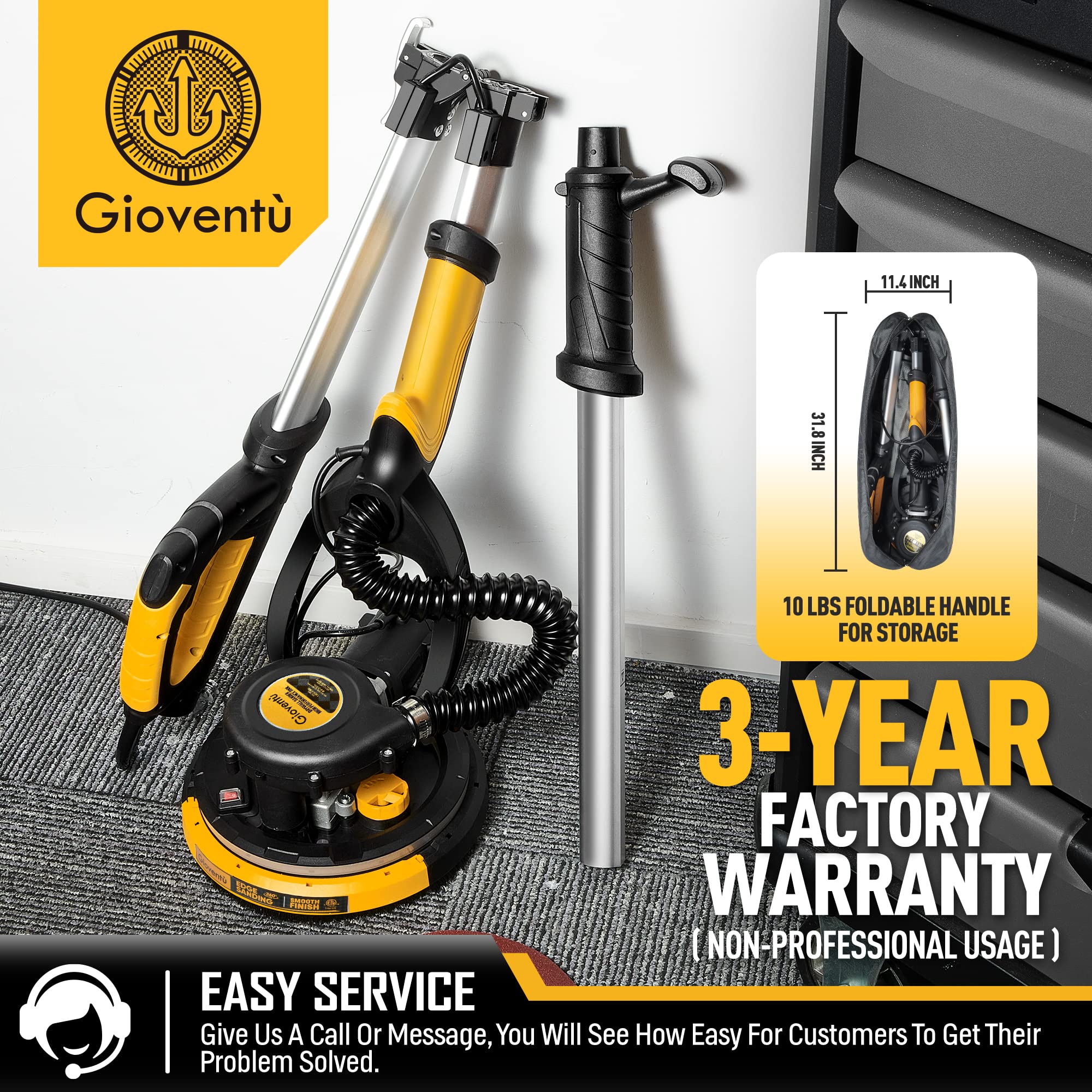 Electric Drywall Sander with Vacuum Attachment - 7-Speed Adjustable (900-1800 RPM), Auto Dust Collection & Ergonomic Strap - Perfect for Drywall, Popcorn Ceilings, Plaster and Home Renovation Projects